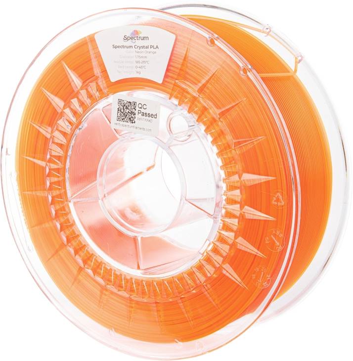 Eine orangefarbene Spule mit 3D-Druckerfilament, beschriftet mit 