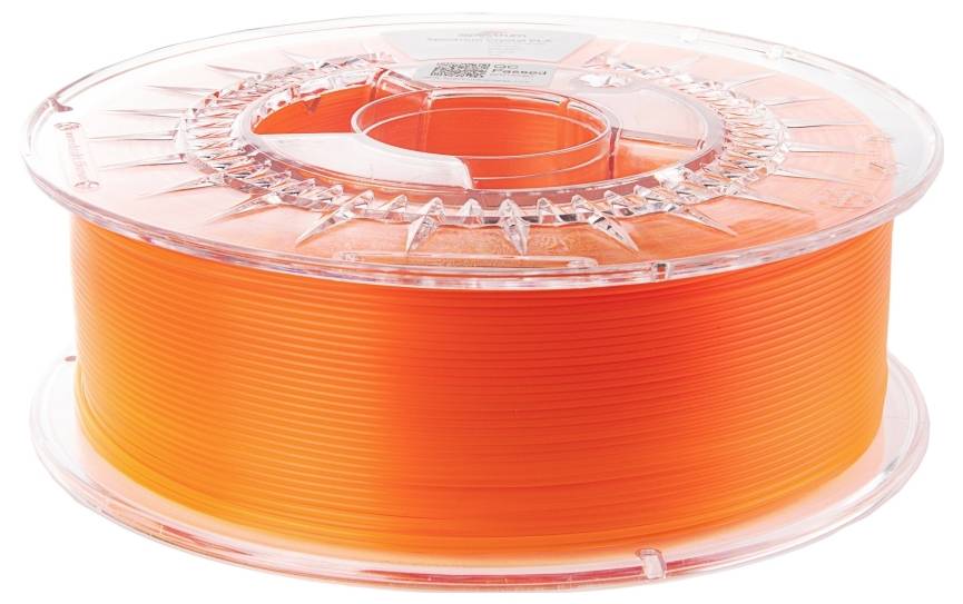 Eine Spule aus durchscheinendem orangefarbenem 3D-Druckfilament mit einem sichtbaren Wicklungsmuster in einem transparenten Kunststoffgehäuse.