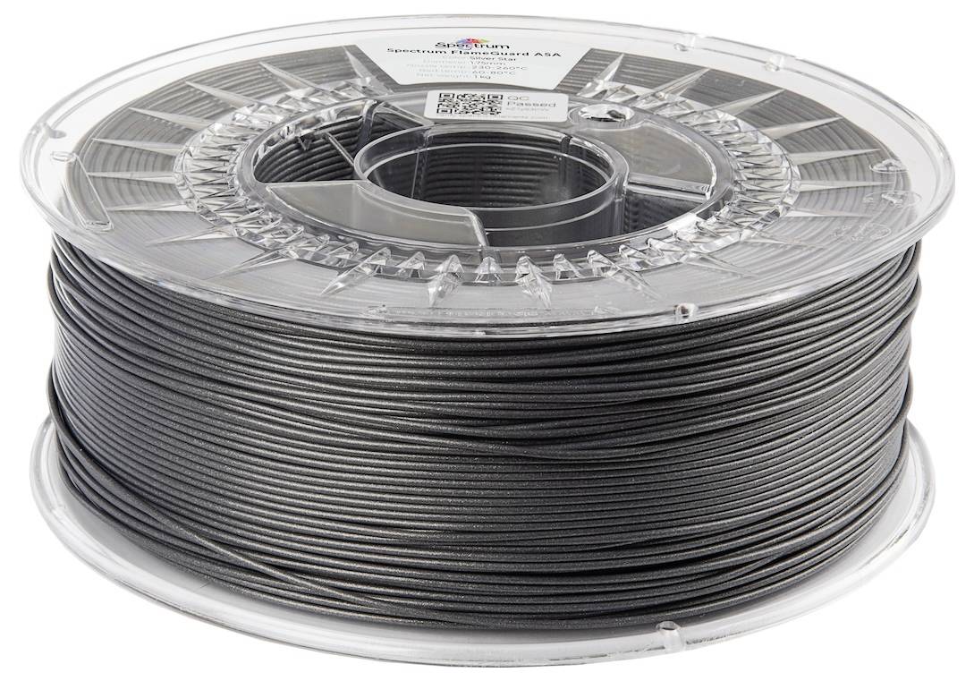 Eine transparente Spule mit metallisch grauem 3D-Druckfilament, sauber aufgewickelt und mit technischen Spezifikationen auf dem Mittelnabe beschriftet.