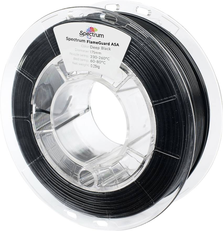 Eine Spule schwarzes ASA-3D-Druckerfilament, beschriftet mit 'Spectrum FlameGuard ASA, Deep Black, Durchmesser: 1,75 mm, Netto-Gewicht: 0,25 kg'.