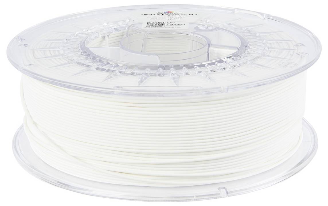 Spule von weißem 3D-Druckfilament, ordentlich aufgewickelt, mit einer durchsichtigen Kunststoffummantelung. Die Etikette zeigt Filamenttyp und Spezifikationen an.