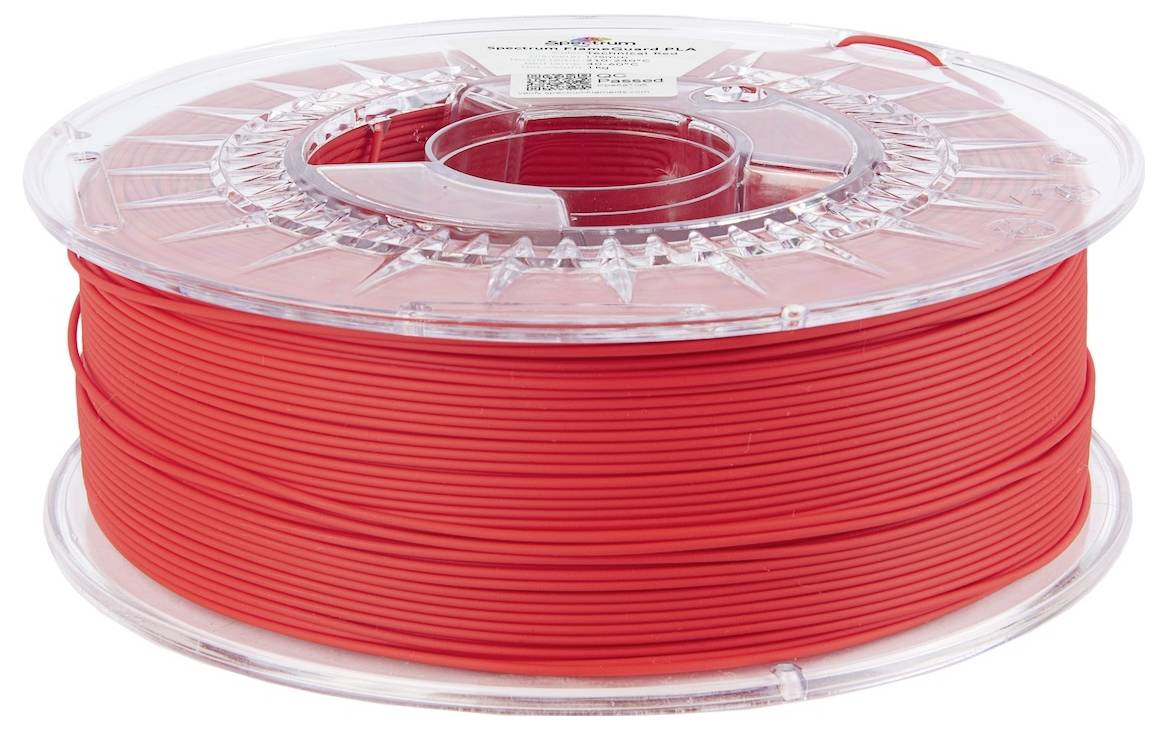 Eine Rolle rotes 3D-Druckerfilament, ordentlich aufgewickelt und in einem durchsichtigen Plastikbehälter verpackt.