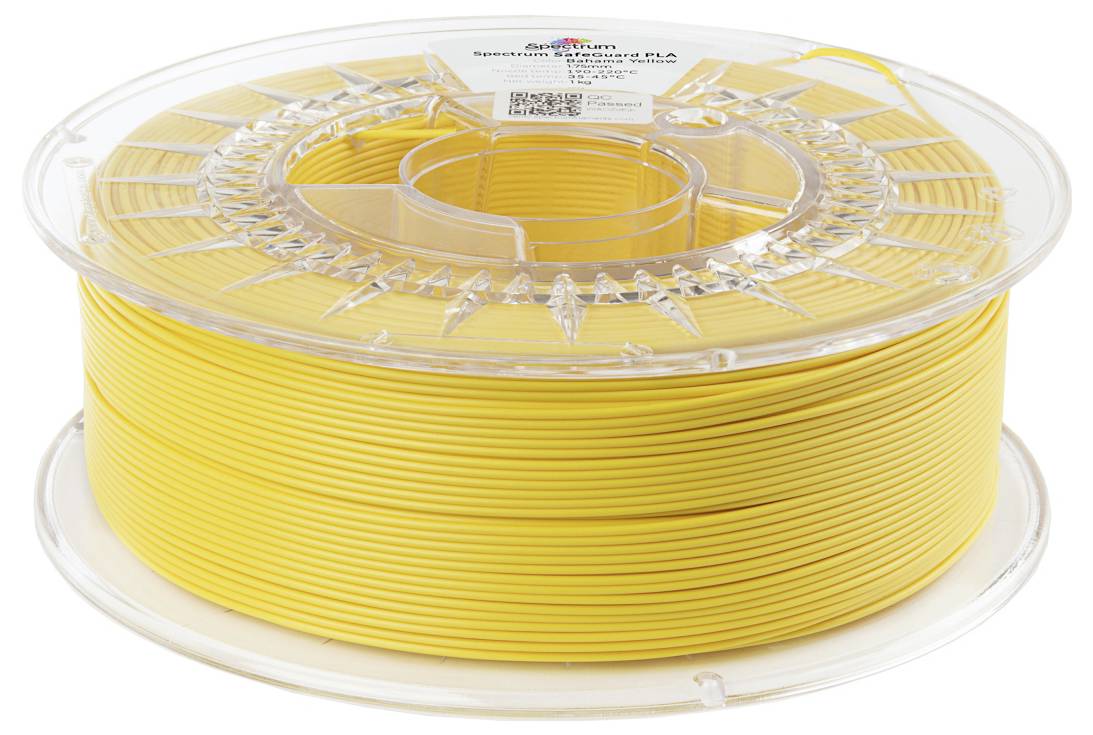 Eine Spule gelben 3D-Druckfilaments, mit der Bezeichnung 