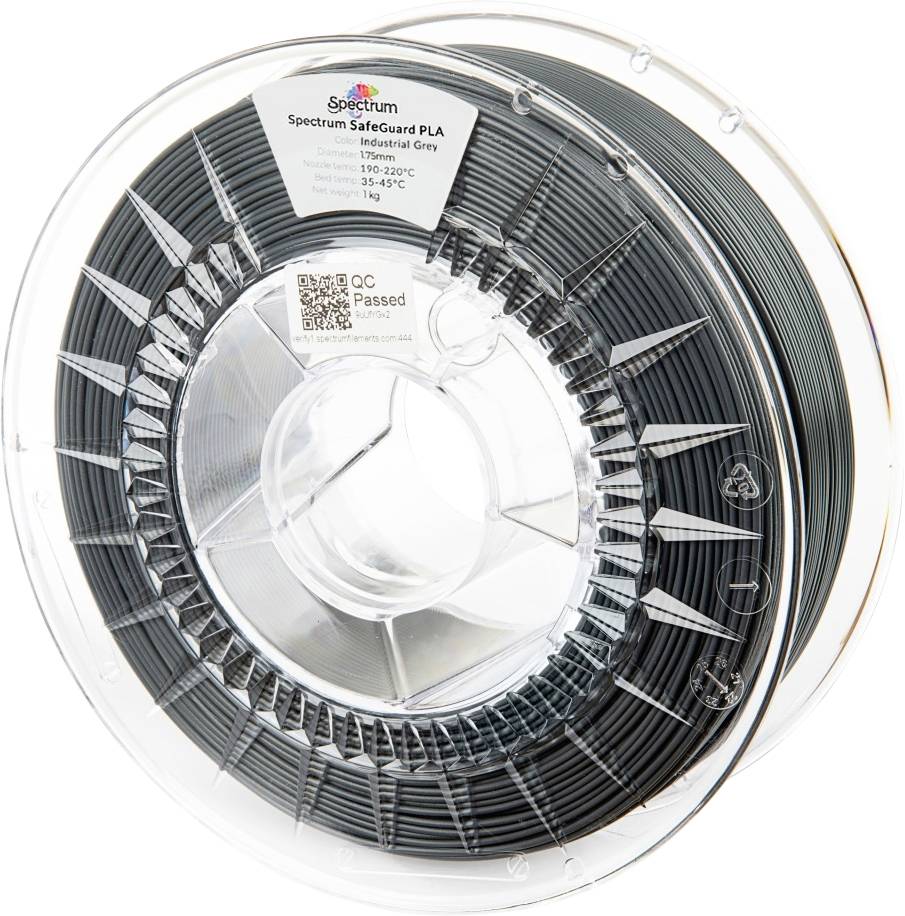 Eine Spule Spectrum SafeGuard PLA-Filament in Industriegrau, beschriftet mit Temperatureinstellungen und einem Qualitätskontrolle-Bestanden-Aufkleber.