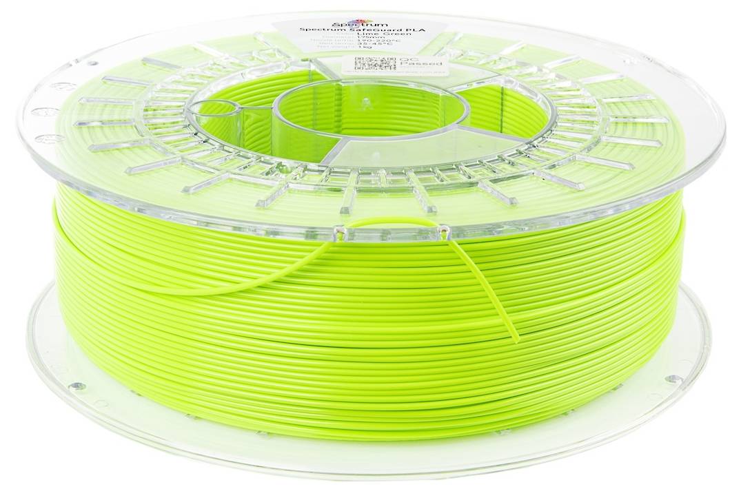 Eine Rolle Neongrün 3D-Druckfilament mit der Aufschrift „Spectrum Spool Filament PLA