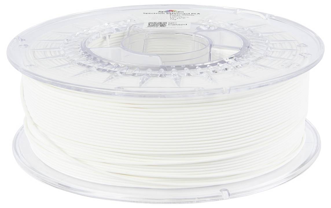 Eine klare Spule aus weißem 3D-Druckfilament, sauber aufgewickelt und bereit zur Verwendung mit einem 3D-Drucker.