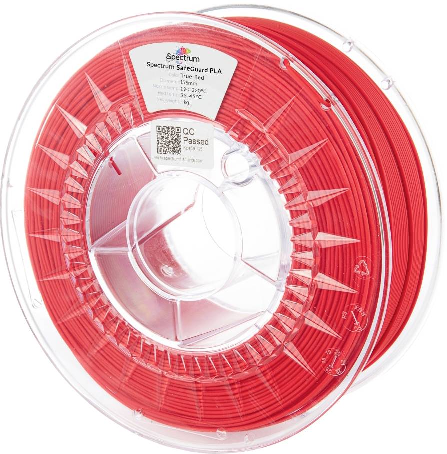 Rote Spule Spectrum Safeguard PLA-Filament, Bezeichnung 'True Red', mit Drucktemperaturen von 190-220°C, Durchmesser 1,75 mm, Gewicht 1 kg.