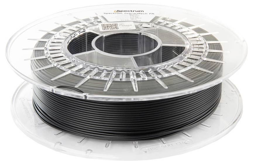 Eine Rolle schwarzes 3D-Druckfilament mit der Beschriftung 