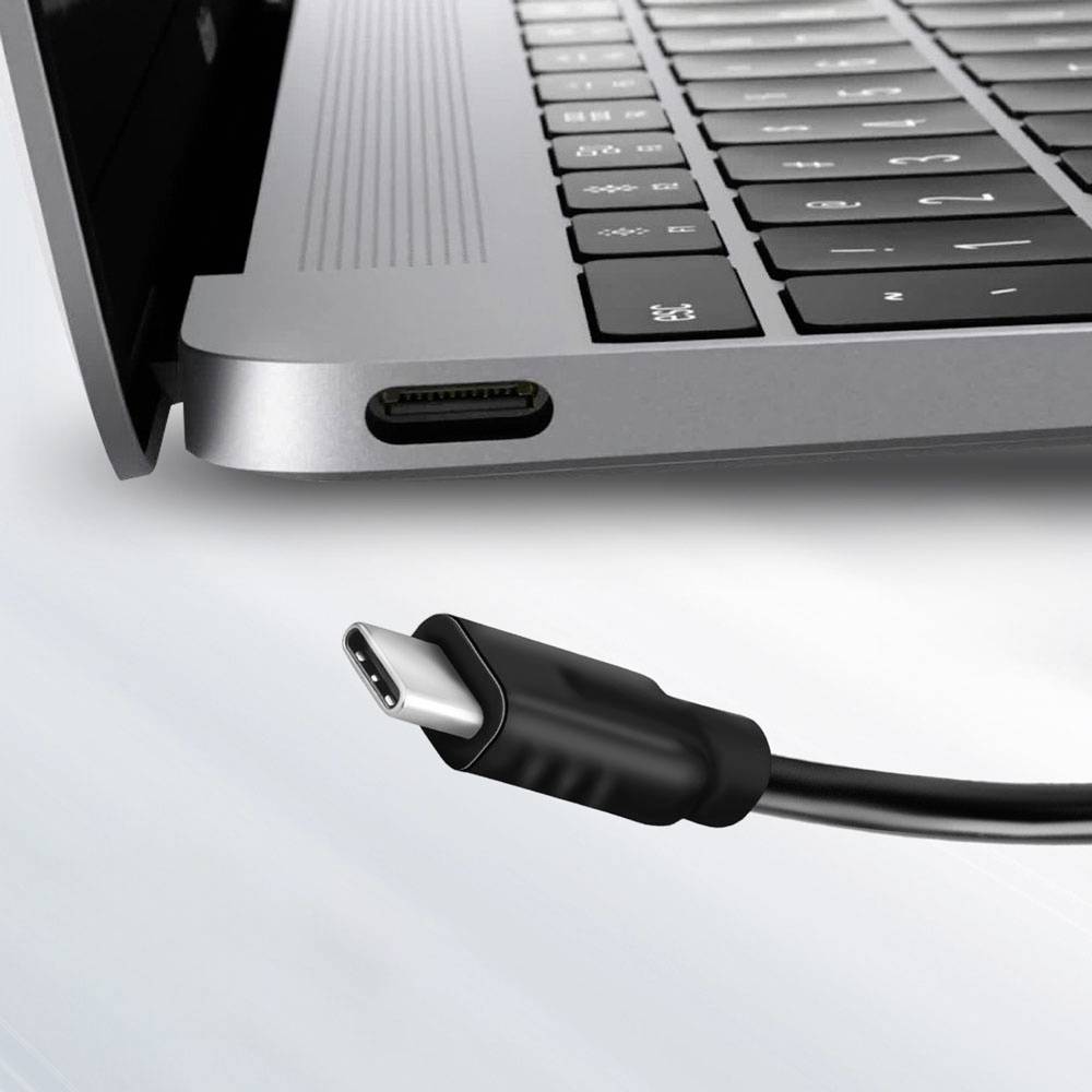 Ein USB-C-Kabel ist im Begriff, sich mit dem USB-C-Anschluss an einem silbernen Laptop zu verbinden und zeigt dabei Kompatibilität und Konnektivität.