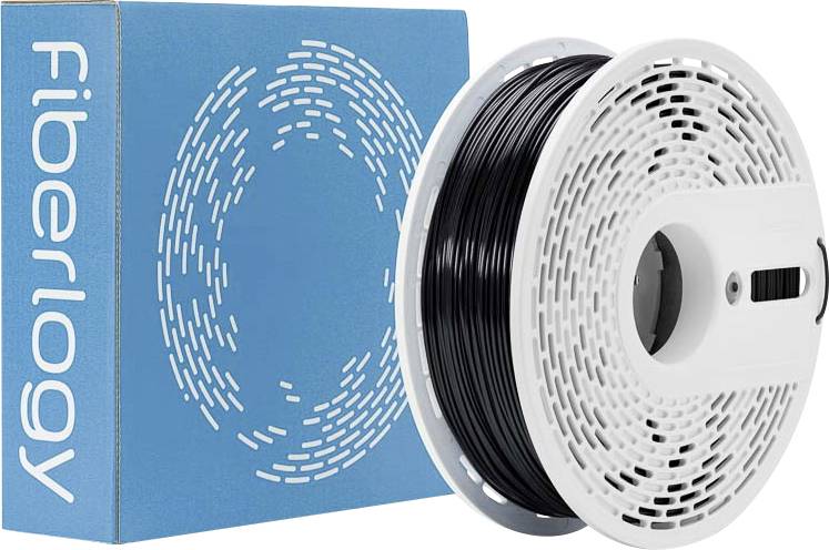 Eine Rolle schwarzen 3D-Druckerfilaments neben einer blauen Box mit der Aufschrift 