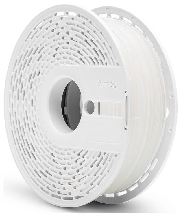 Eine weiße Spule mit 3D-Druckerfilament und strukturiertem Design, auf der seitlich 'Fiberlogy' aufgedruckt ist.