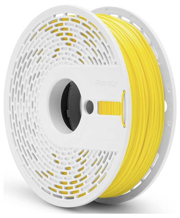 Eine Spule mit hellgelber 3D-Druckerfilament, versehen mit einem weißen, perforierten Rand und einer zentralen, kreisförmigen Öffnung, beschriftet mit 'fiberlogy'.