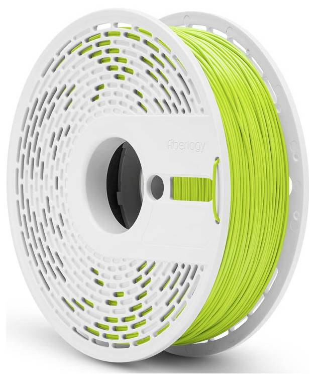 Eine Spule hellen grünen 3D-Druckerfilaments von Fiberlogy, entworfen auf einer belüfteten weißen Kunststoffrolle für einfache Ausgabe.