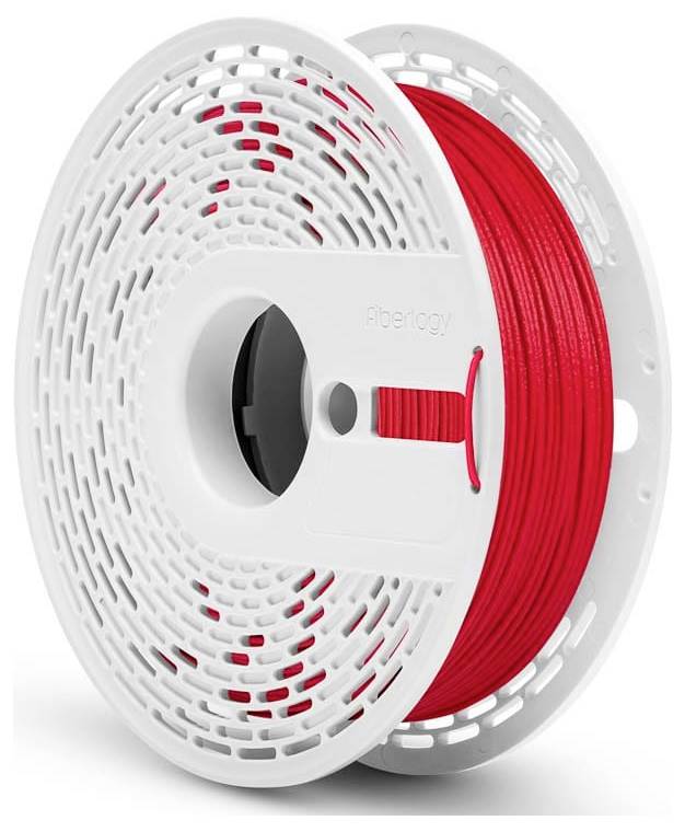 Eine Rolle rotes 3D-Druckfilament mit einem weißen, belüfteten Halter.