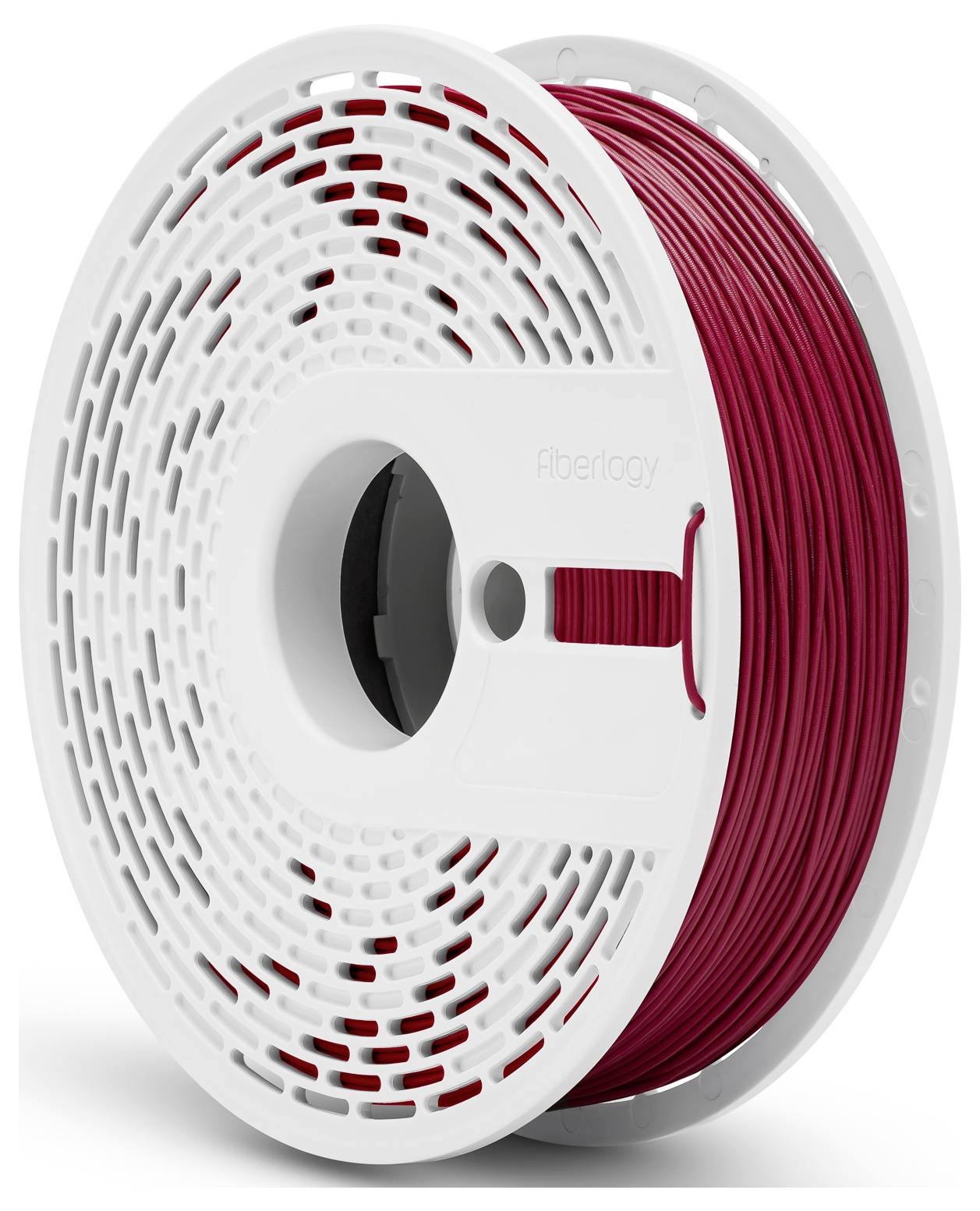 Eine Spule roten 3D-Druckfilaments, ordentlich aufgewickelt und in einem weißen Plastikgehäuse mit kreisförmigen Perforationen eingeschlossen.