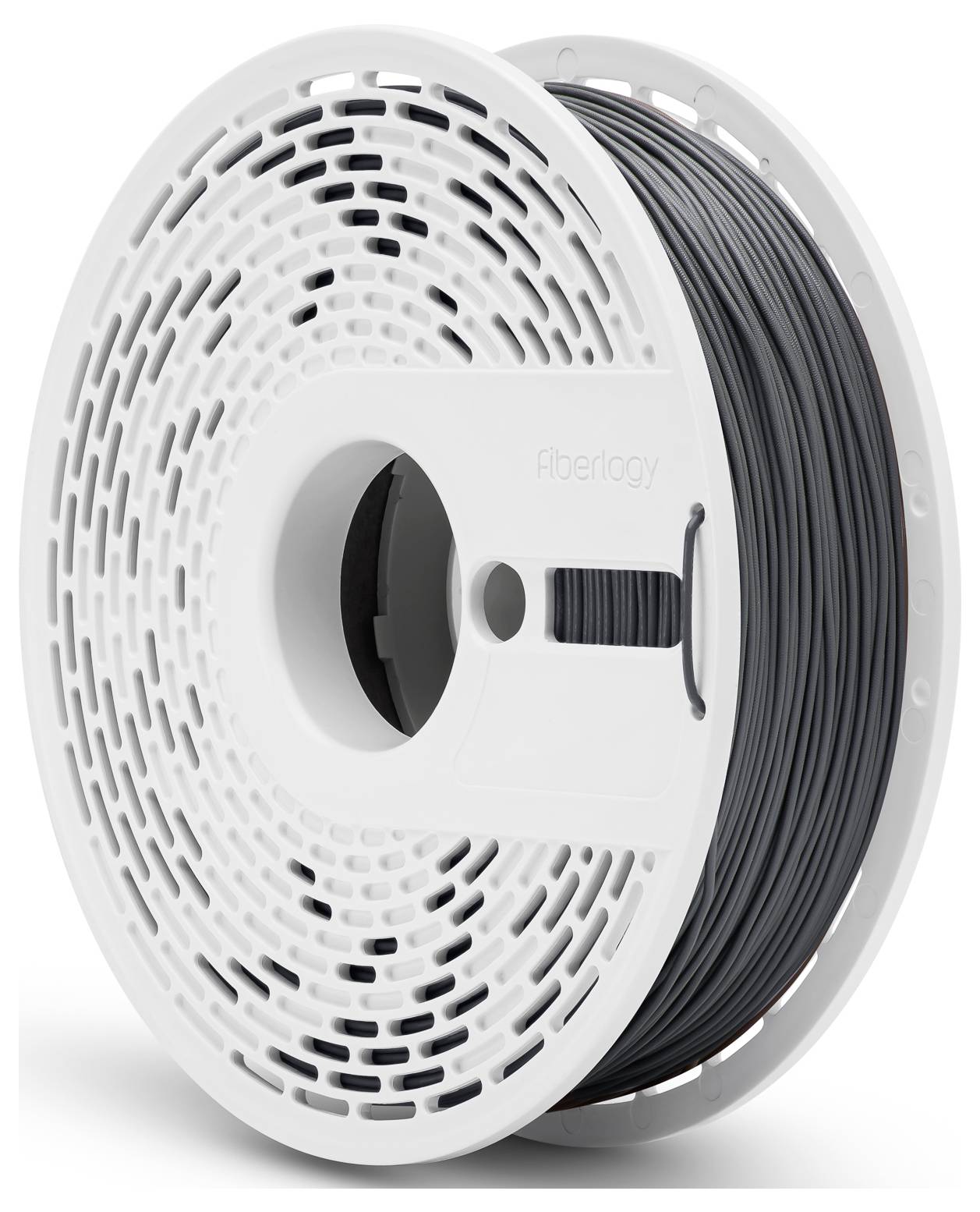 Eine Spule schwarzen 3D-Druckerfilaments, eingehüllt in einen weißen, perforierten Kunststoffhalter, mit der Markenbezeichnung 'fiberlogy'.