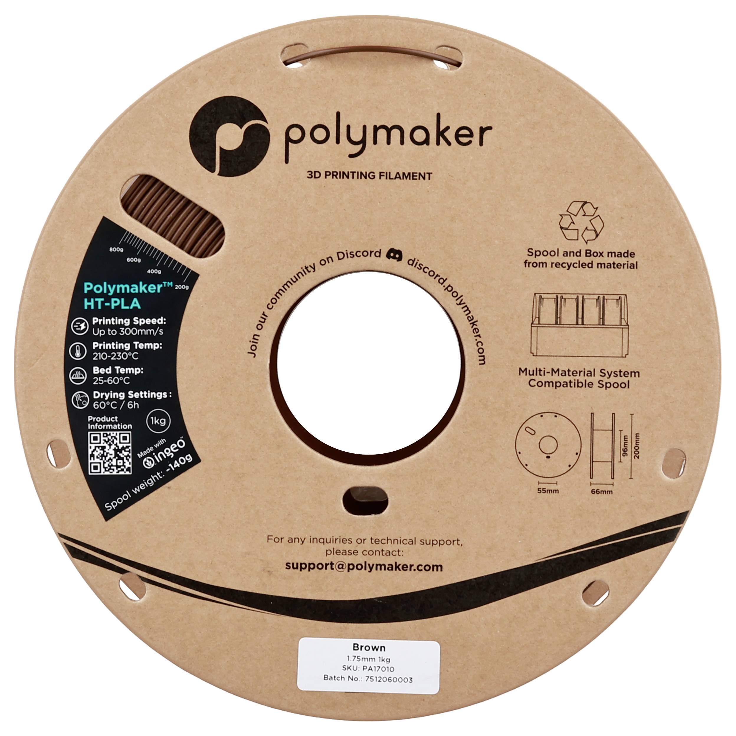 Spule aus braunem Polymaker-3D-Druckfilament aus recyceltem Material, beschriftet mit Druckspezifikationen und Kompatibilitätsdetails.