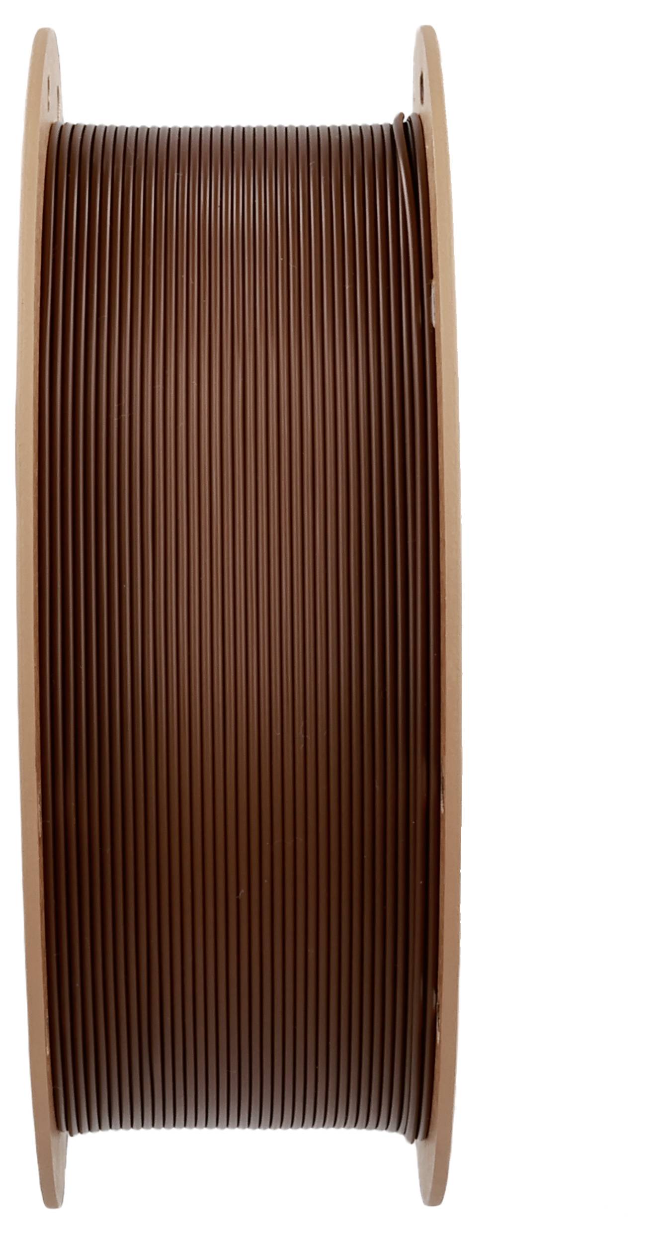 Eine Spule braunen Filaments, straff aufgewickelt, verwendet zum 3D-Druck.