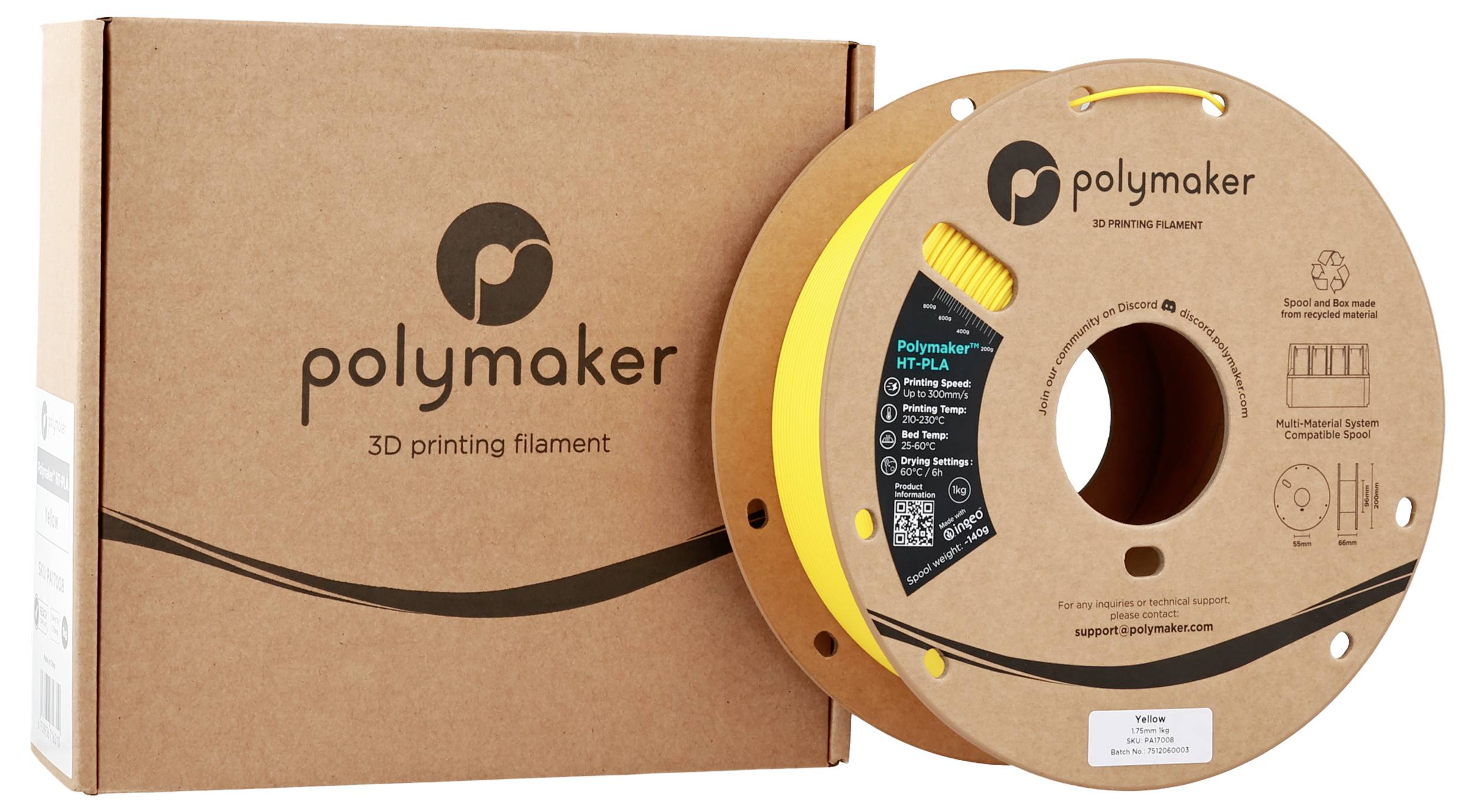 Polymaker 3D-Druckfilament-Box und Spule, beschriftet mit Produktinformationen und Spezifikationen.