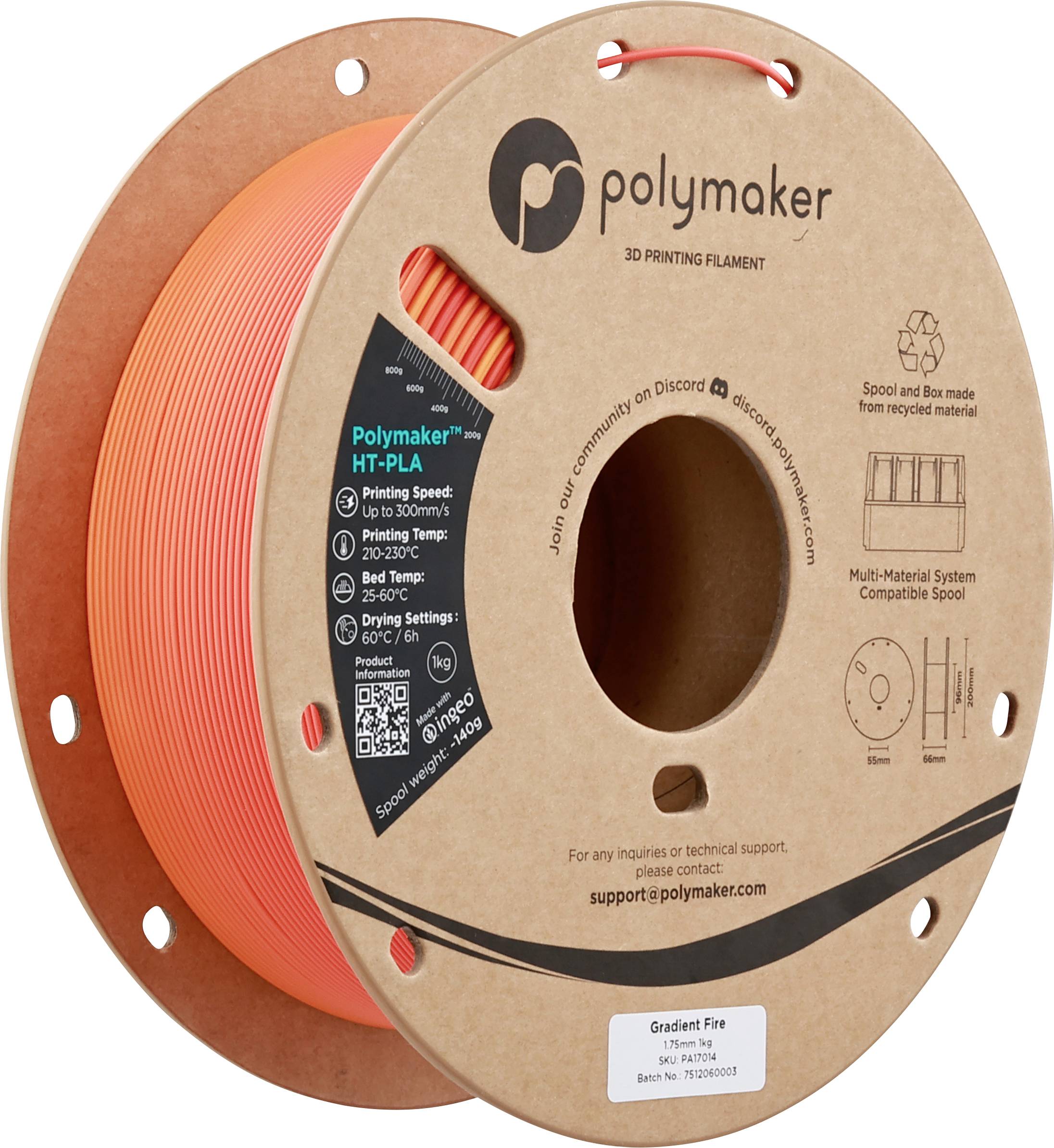 Spule aus Polymaker HT-PLA 3D-Druckfilament in Farbverlauf Feuerfarbe. Die Verpackung zeigt Druckgeschwindigkeit, Temperatur, Trocknungseinstellungen und Kontaktinformationen.