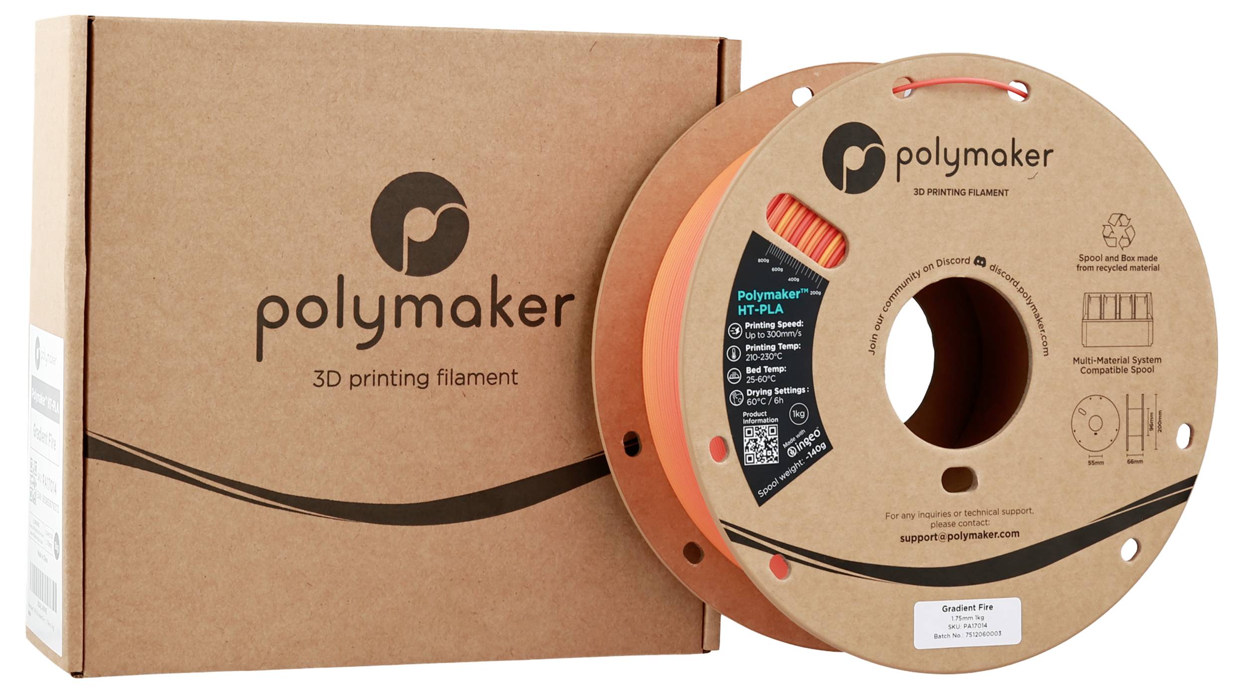 Ein Karton und eine Spule orangefarbenes Polymaker-3D-Druckfilament. Der Karton und die Spule zeigen beide das Polymaker-Logo und Branding.