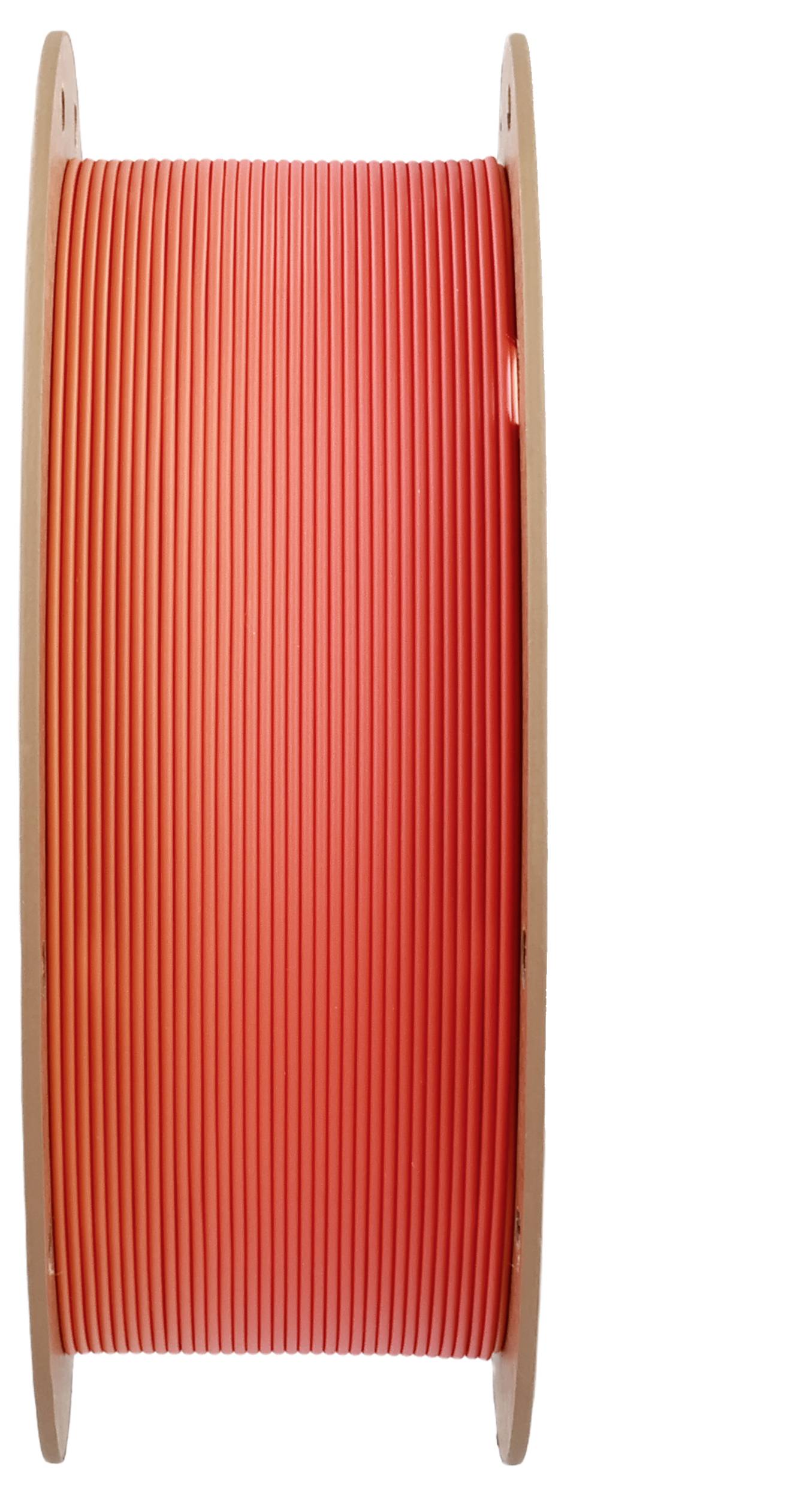 Eine Spule orangefarbenes 3D-Drucker-Filament, fest auf einer zylindrischen Spule aufgewickelt, einsatzbereit zum Einsatz beim 3D-Druck.