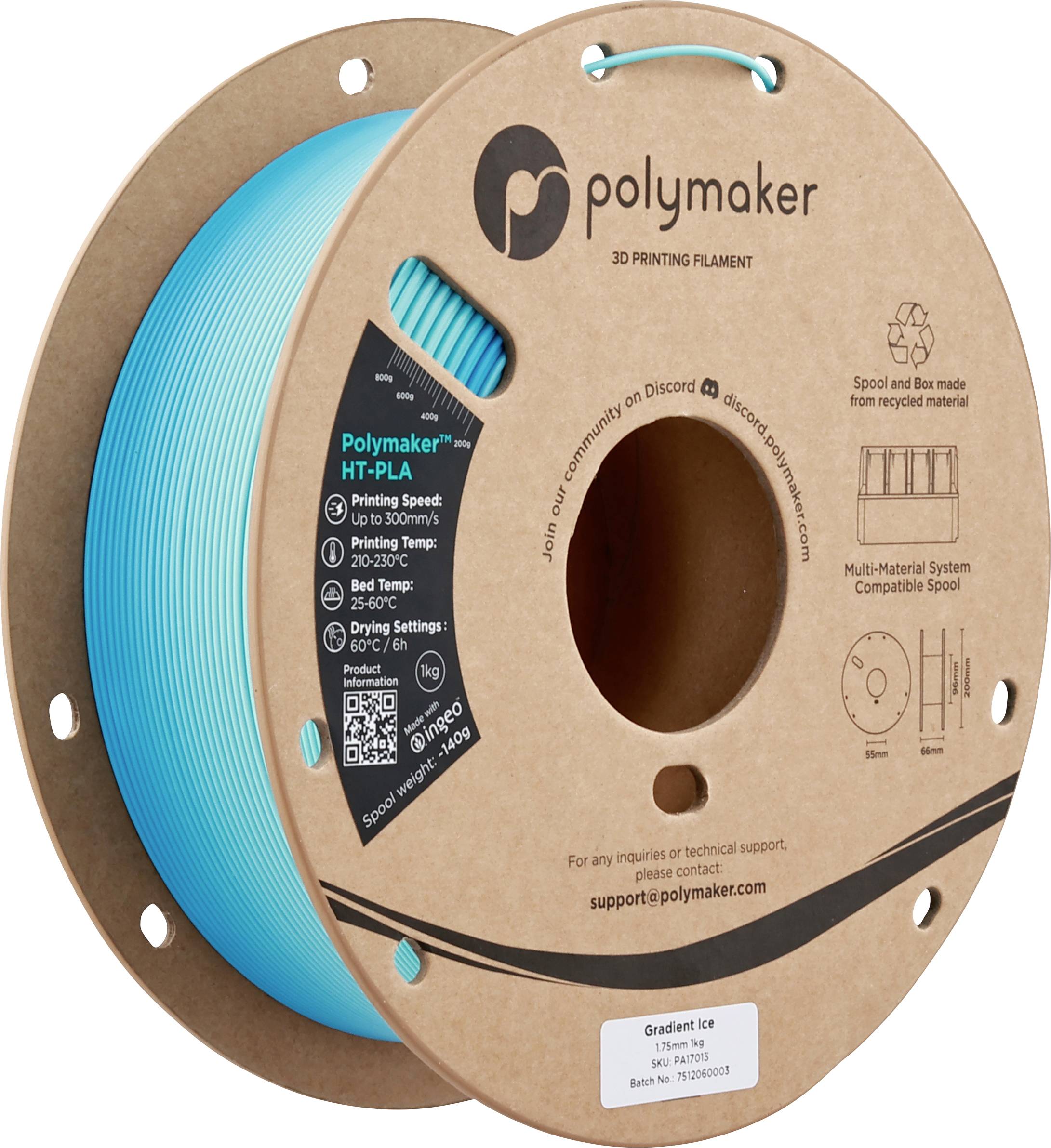 Spule aus blauem 3D-Druckfilament von Polymaker mit Spezifikationen wie Druckgeschwindigkeit und Temperatur; Kartonverpackung hebt Umweltfreundlichkeit hervor.
