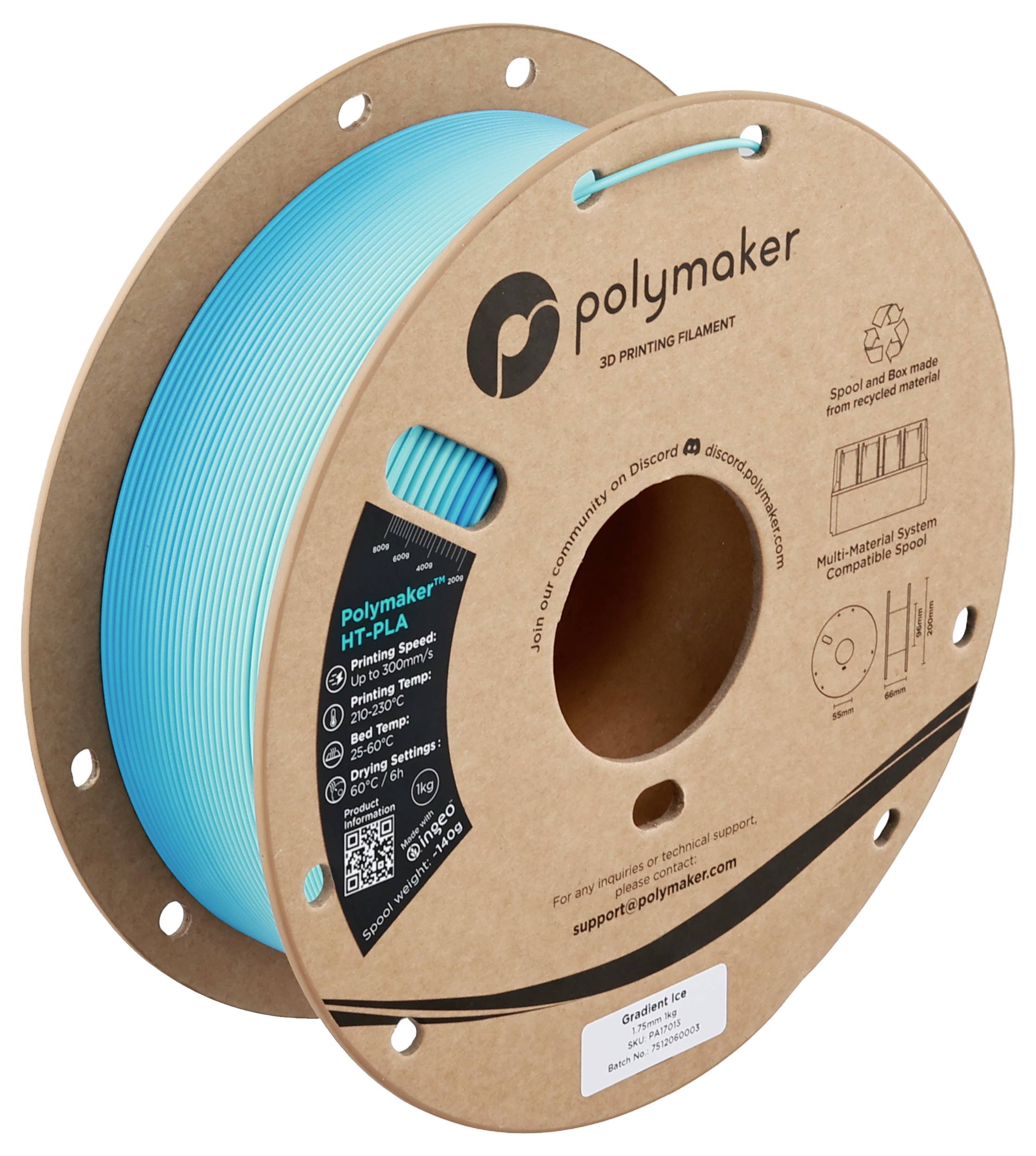 Spule Polymaker türkis 3D-Druckfilament, HT-PLA, 1,75mm, beschriftet mit Angaben zu Drucktemperatur und Eigenschaften.