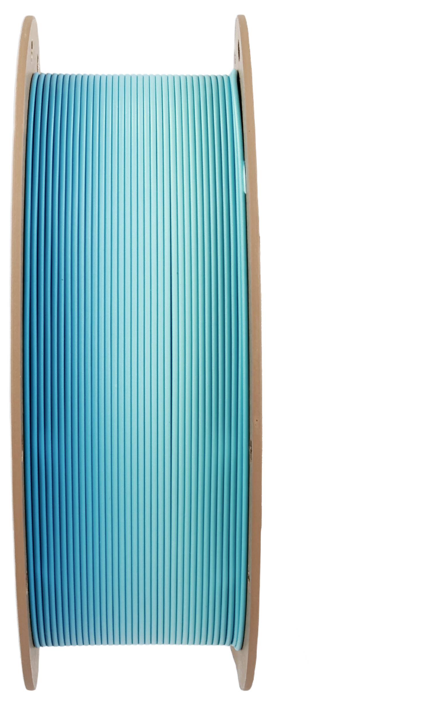 Eine Spule mit blauem Filament zum 3D-Druck, vertikal ausgerichtet, mit einem Holzrahmen auf beiden Seiten.