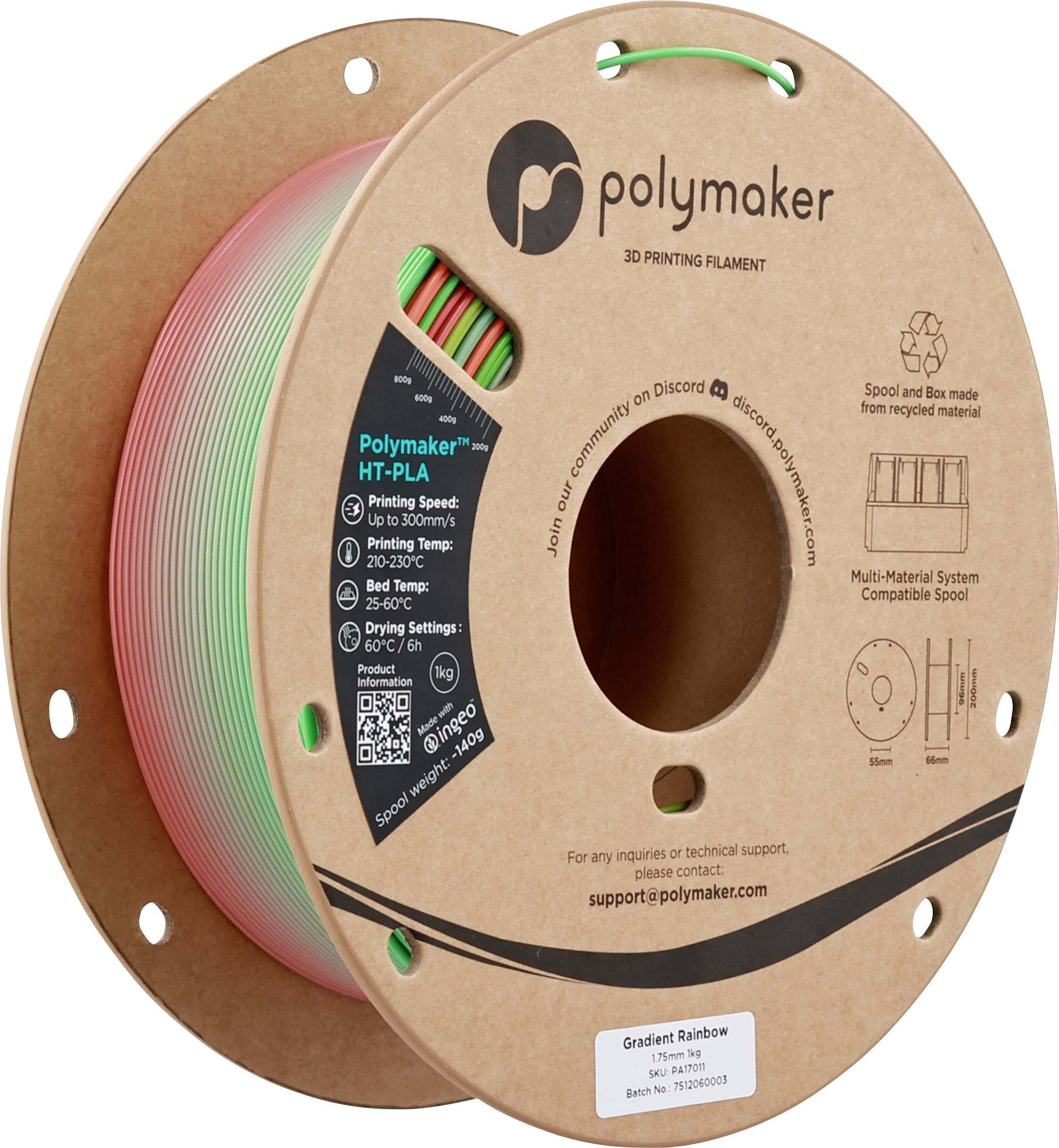 Eine Spule Polymaker 3D-Druckfilament in Verlaufsregenbogenfarben mit Produktdetails wie Druckgeschwindigkeit und Düsentemperatur, die deutlich sichtbar sind.