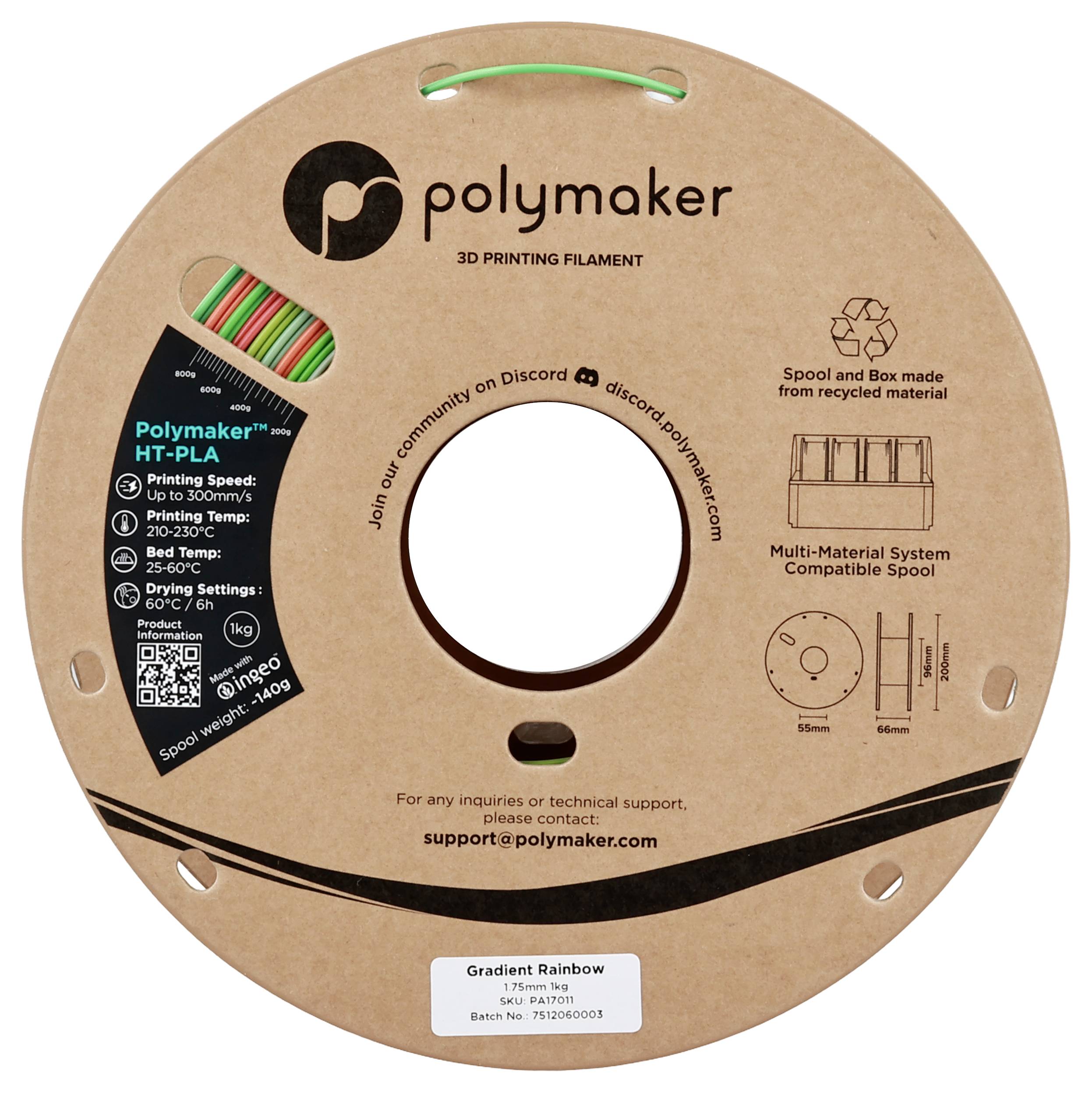 Eine Spule Polymaker HT-PLA 3D-Druckfilament mit Farbverlauf. Das Etikett zeigt technische Spezifikationen und Supportinformationen.