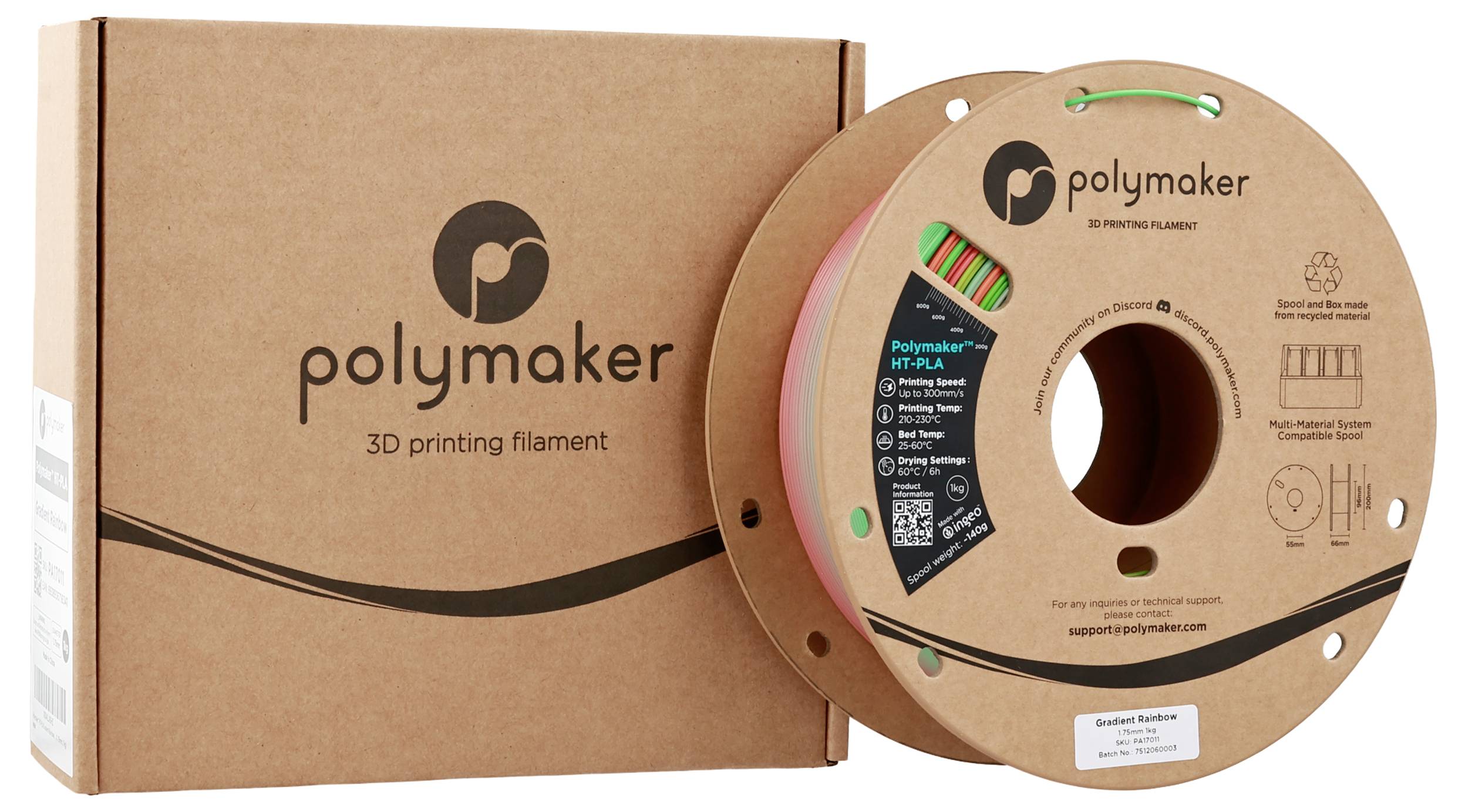 Polymaker 3D-Druckfilament-Verpackung und Spule, zeigt Produktmarke, Materialtyp und Kontaktinformationen.