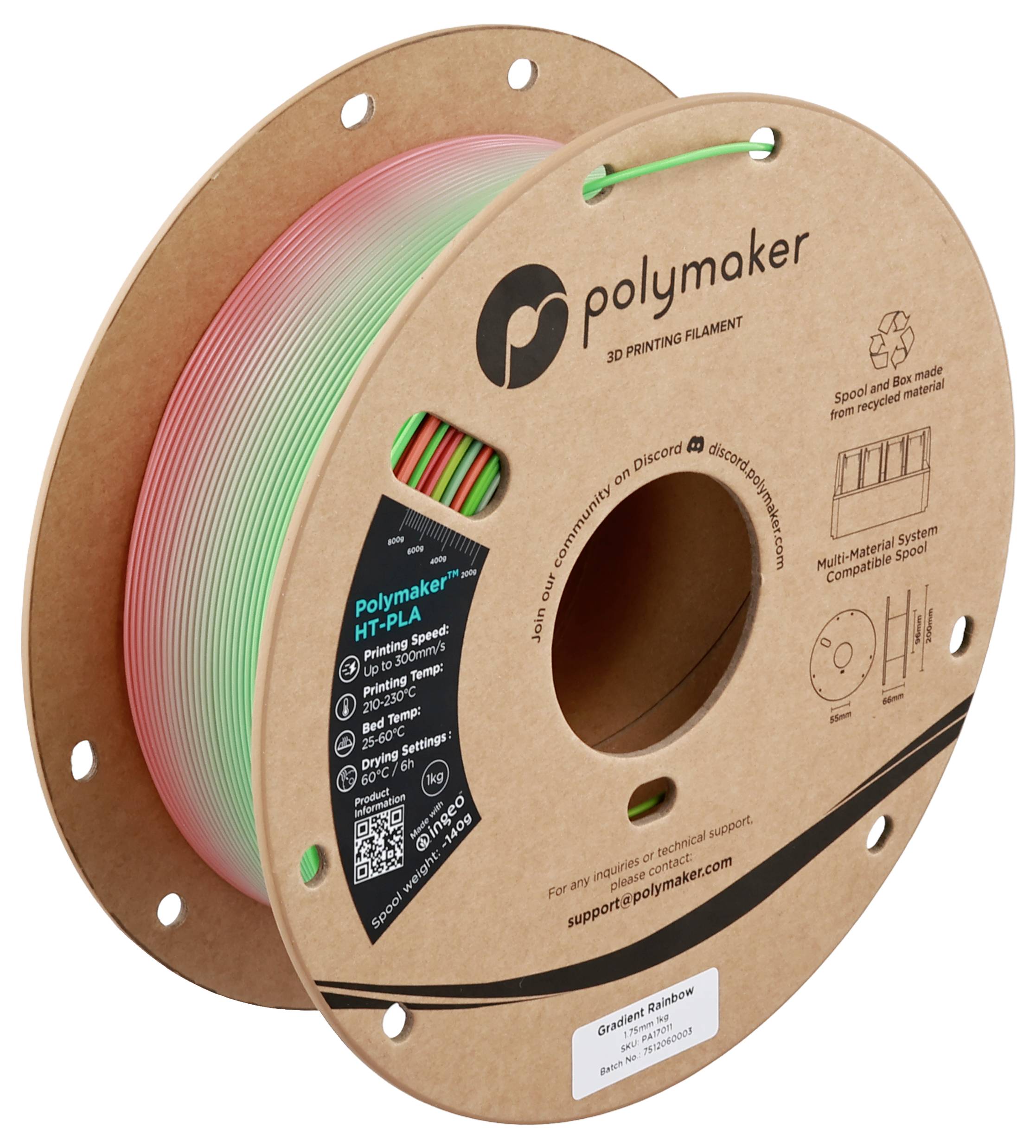 Eine Spule bunten Polymaker-3D-Druckfilamentes, das eine Kartonspule mit Produktetiketten zeigt und rosa und grüne Farbtöne miteinander verbindet.