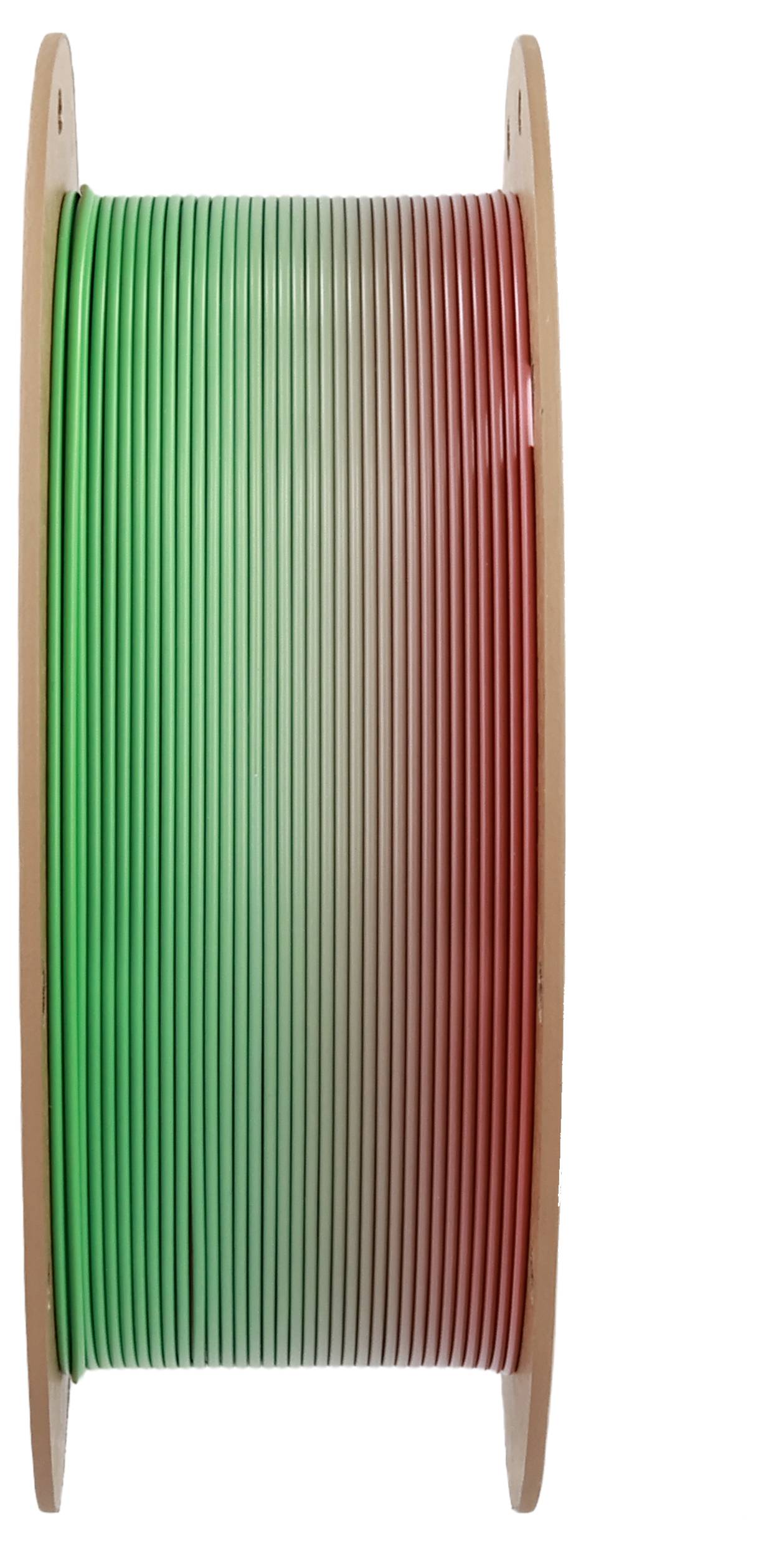 Eine Spule mit 3D-Druckfilament mit einem Farbverlauf von Grün zu Rot, was Materialvielfalt und Anwendungsmöglichkeiten andeutet.