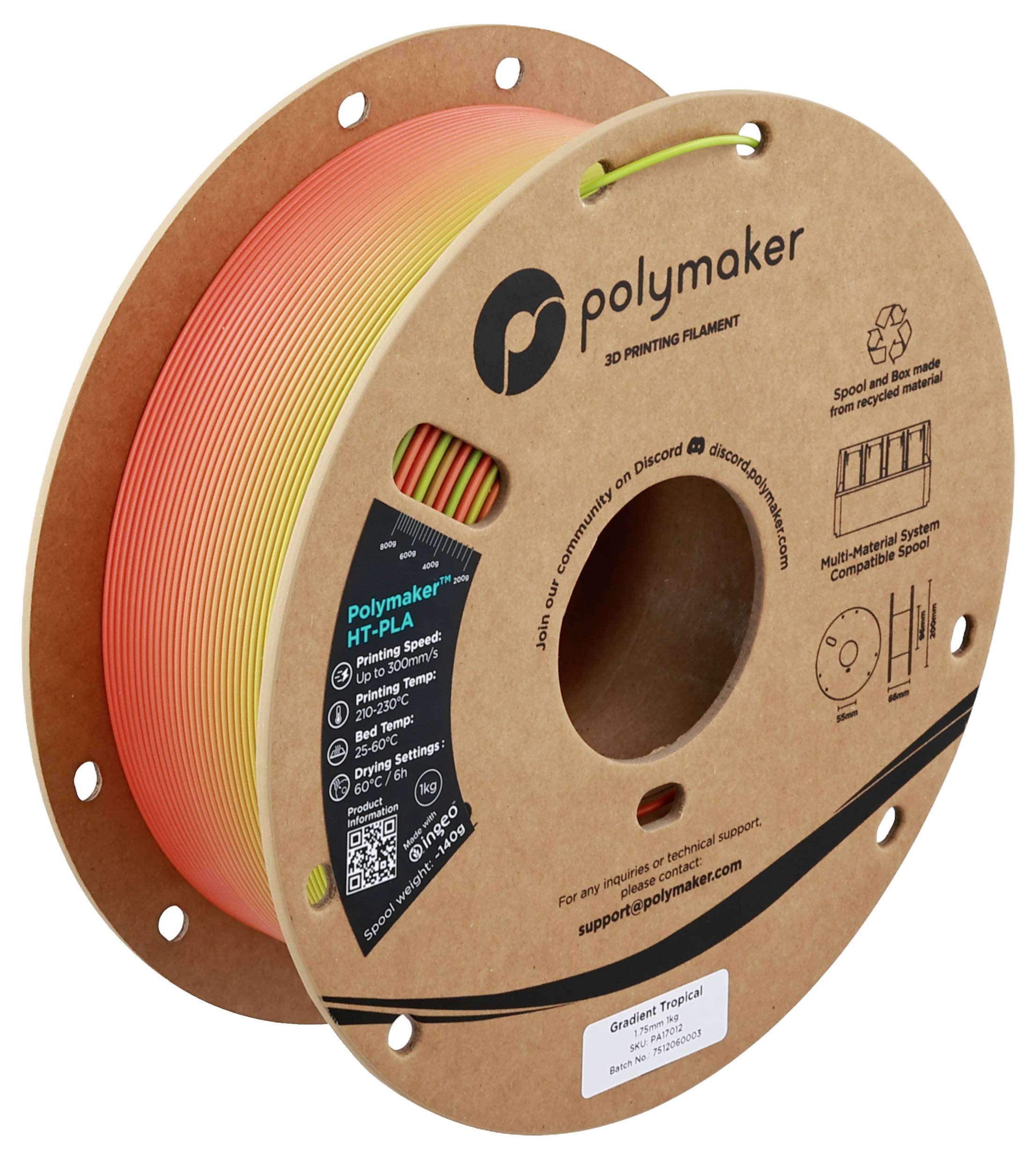 Eine Spule Polymaker 3D-Druckfilament mit der Bezeichnung „Rainbow HT-PLA
