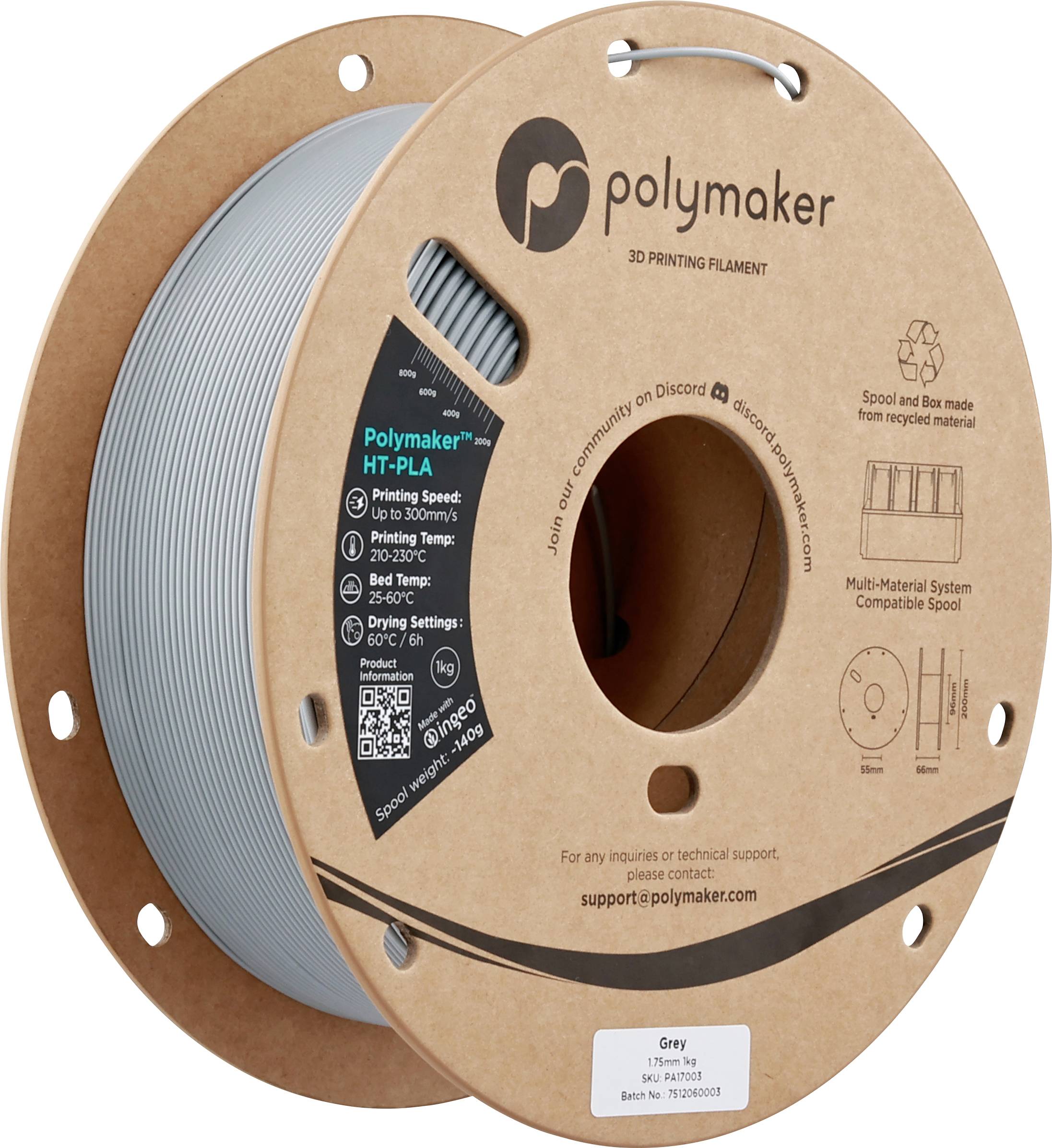 „Polymaker 3D-Druckfilament-Spule in Grau, aus Pappe gefertigt. HT-PLA-Material. Verschiedene Druck- und technische Details auf dem Etikett aufgedruckt.