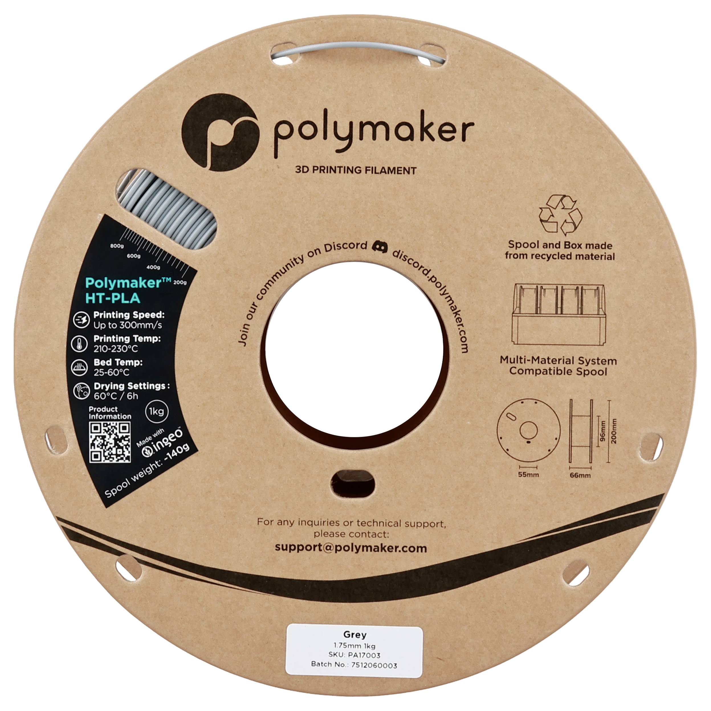 Spule Polymaker HT-PLA 3D-Druckfilament, 1,75mm Durchmesser, grau. Kompatibel mit Multi-Material-Systemen und wird in recycelbarem Packaging geliefert.