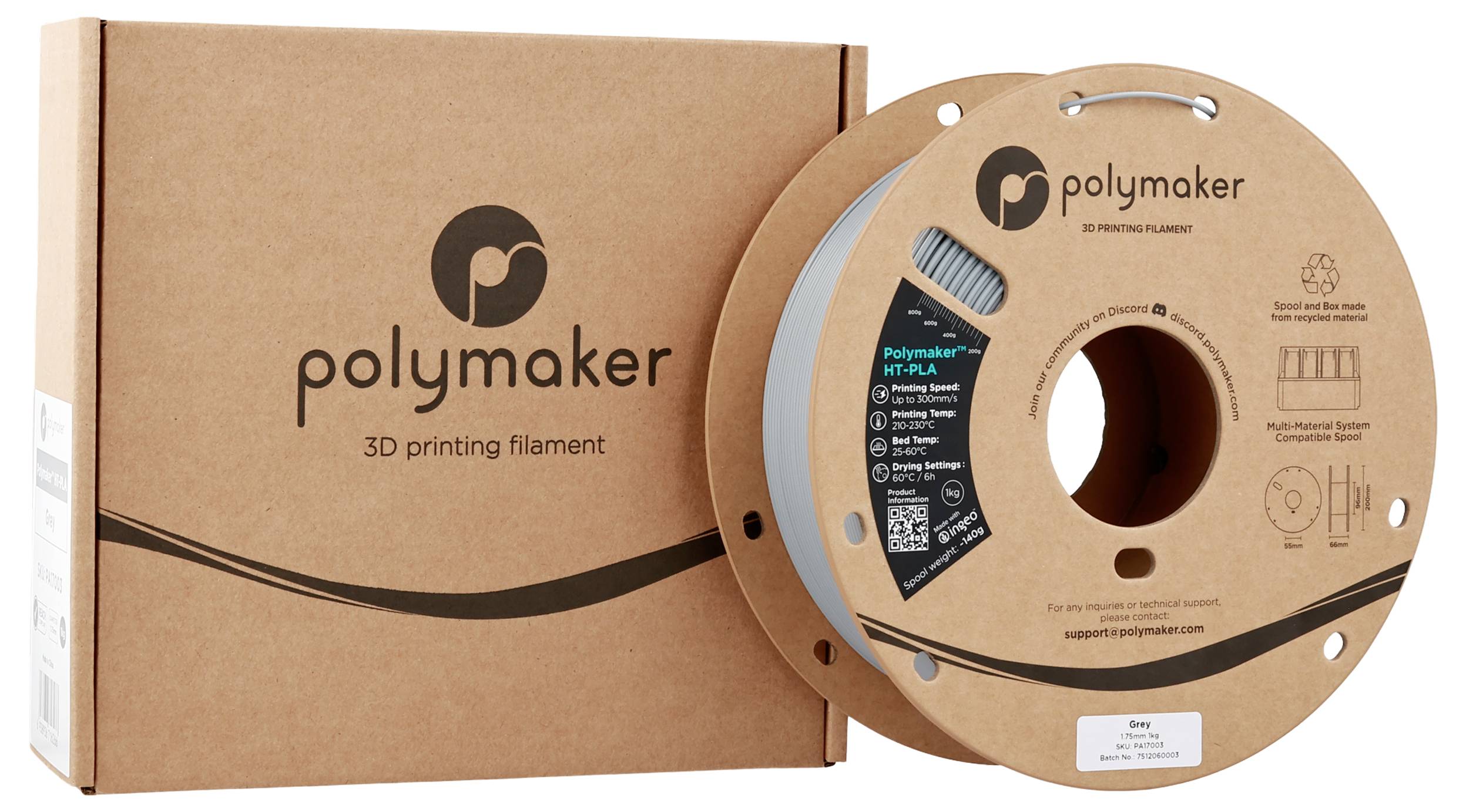 Polymaker 3D-Druckfilament in umweltfreundlicher Kartonbox und Spule mit recycelbarem Etikett auf der Seite.