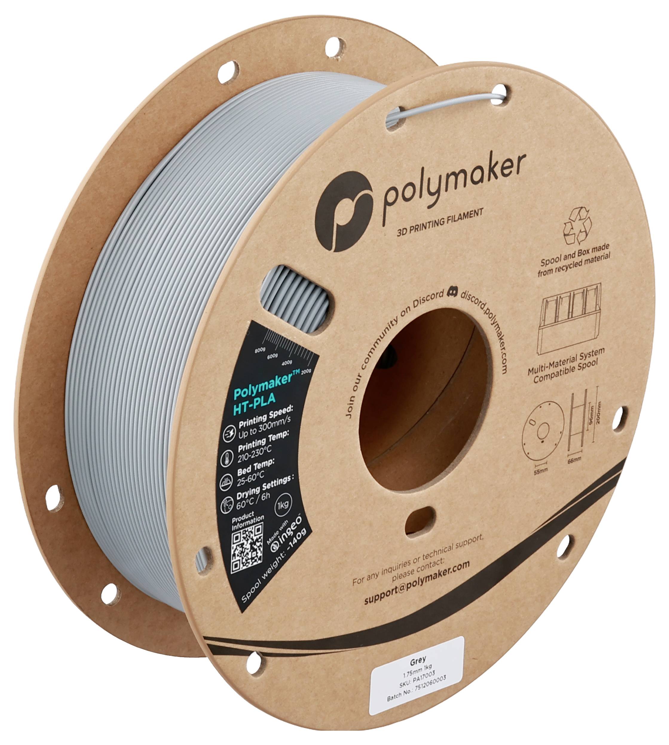 Spule Polymaker 3D-Druckfilament in Grau, beschriftet mit HTPLA.