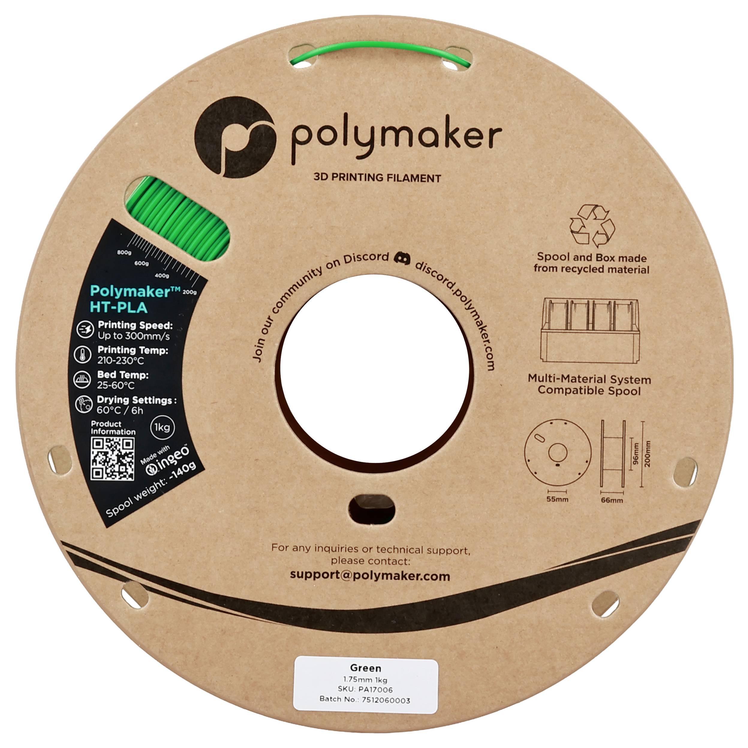 „Polymaker HT-PLA 3D-Druckfilament-Spule in Grün. Auf dem Verpackungsetikett sind Druckeinstellungen und Kompatibilitätsdetails enthalten.