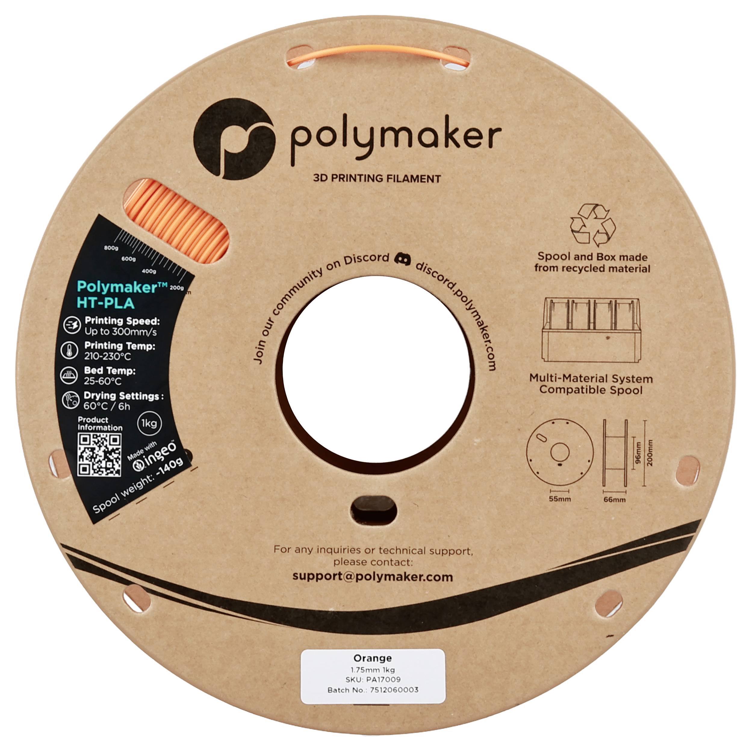 Eine Spule Polymaker 3D-Druckfilament mit der Bezeichnung HT-PLA in Orange, kompatibel mit Mehrschicht-Drucksystemen, 1,75mm Durchmesser, 1000g Nettogewicht.