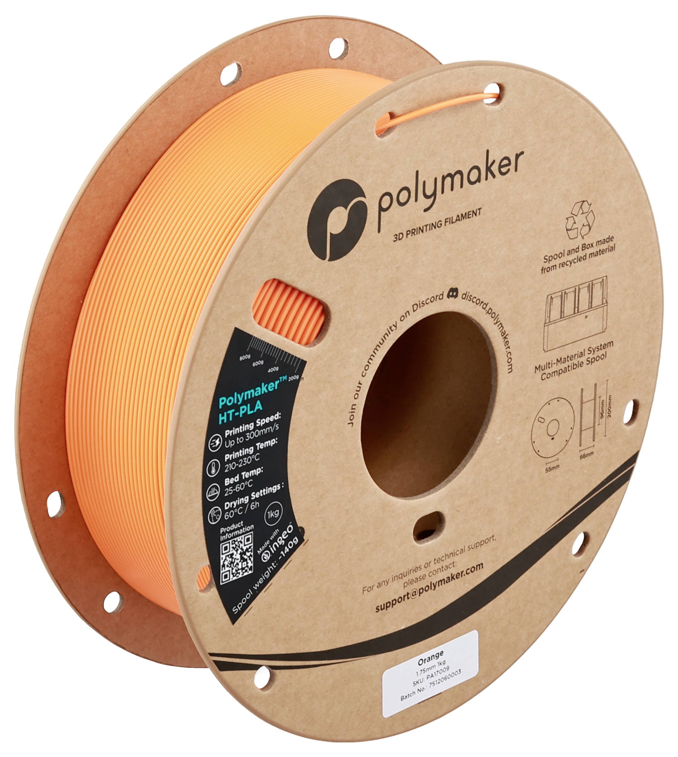 Polymaker 3D-Druckerfilament-Spule, orange Farbe. Das Etikett enthält Marke, Produkttyp, technische Details und QR-Code.