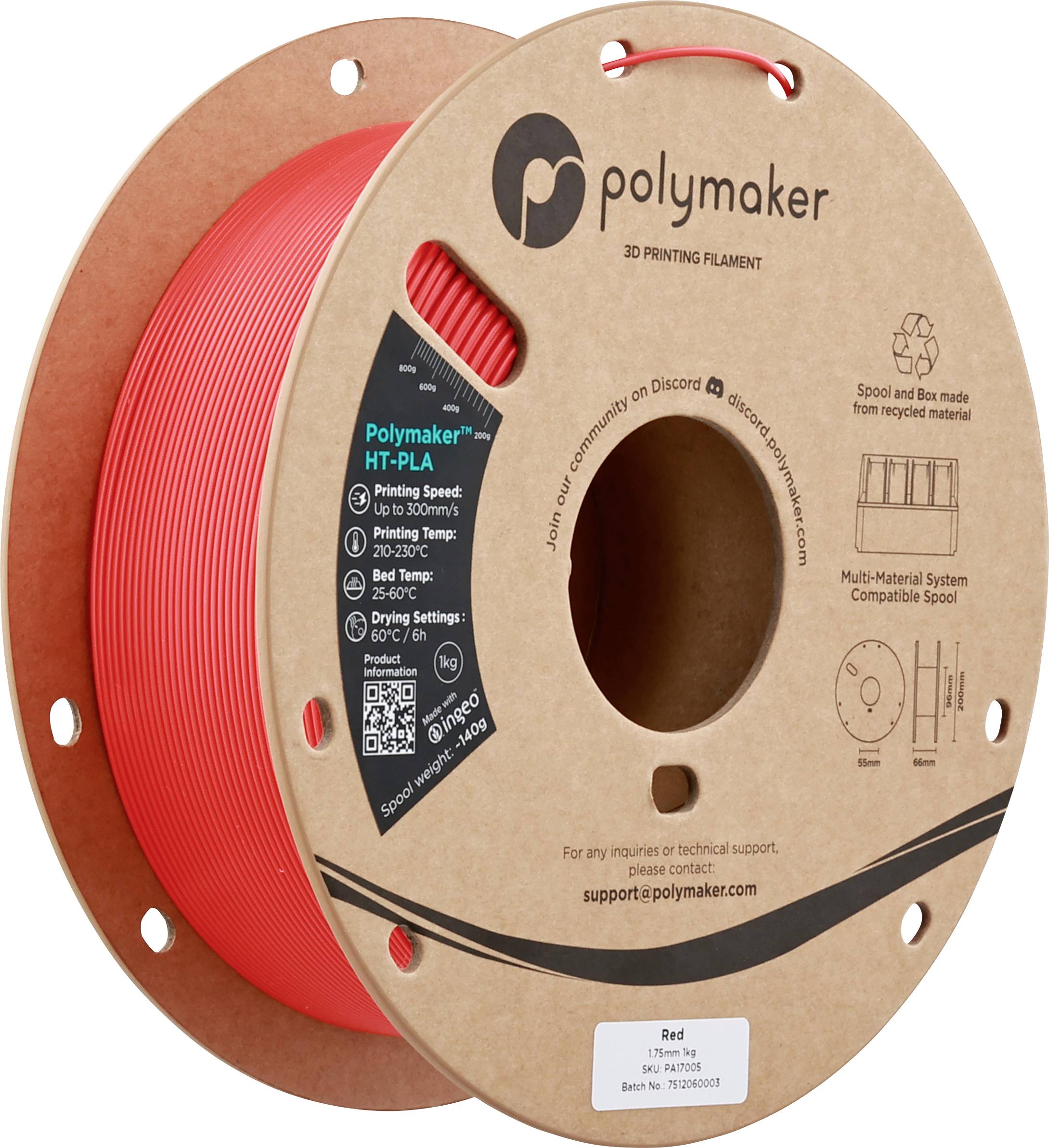 Eine Spule rotes Polymaker HT-PLA 3D-Druckfilament mit Produktdetails und Branding auf der Kartonspule gedruckt.