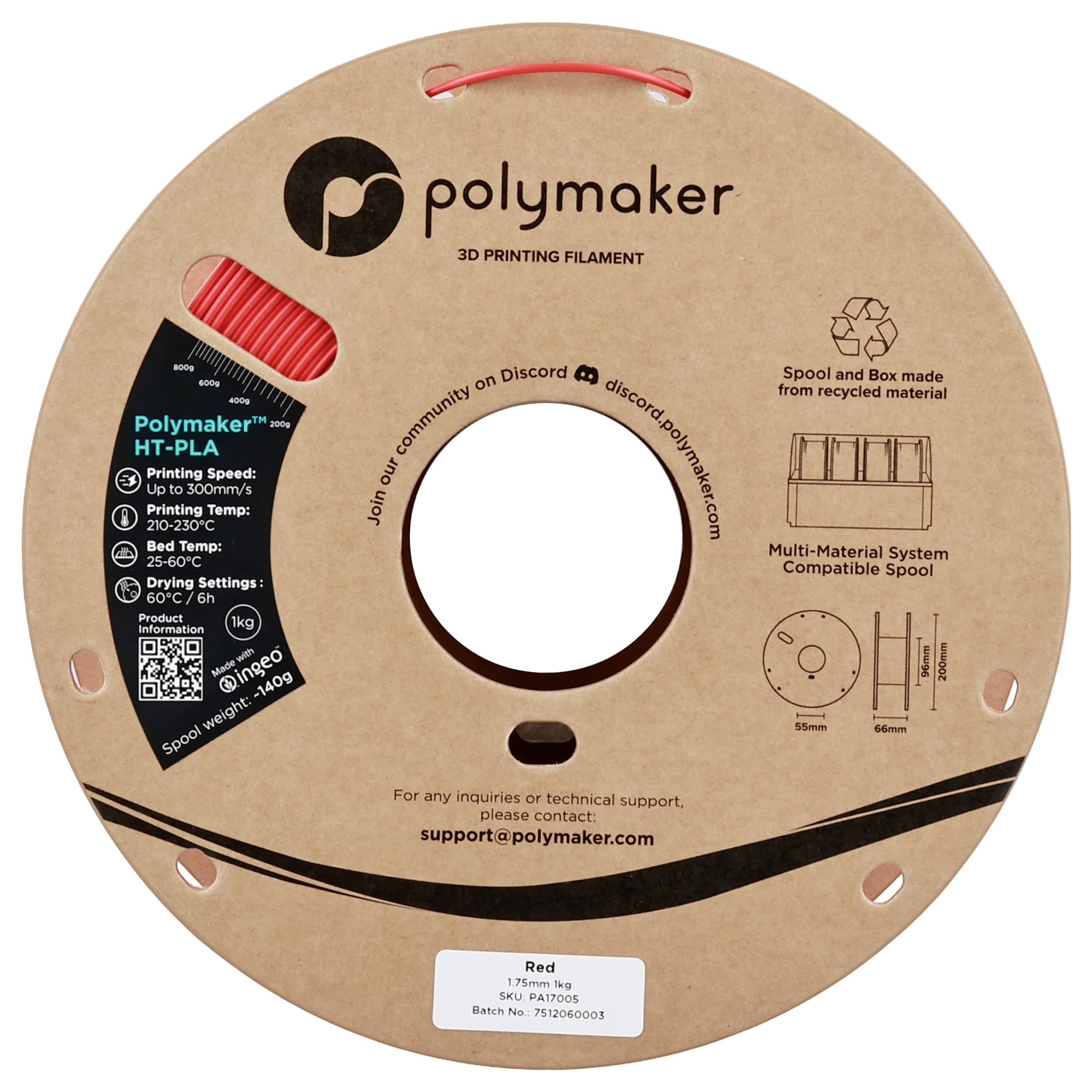 3D-Drucker-Filament-Spule mit der Bezeichnung „Polymaker PolyLite PLA Rot