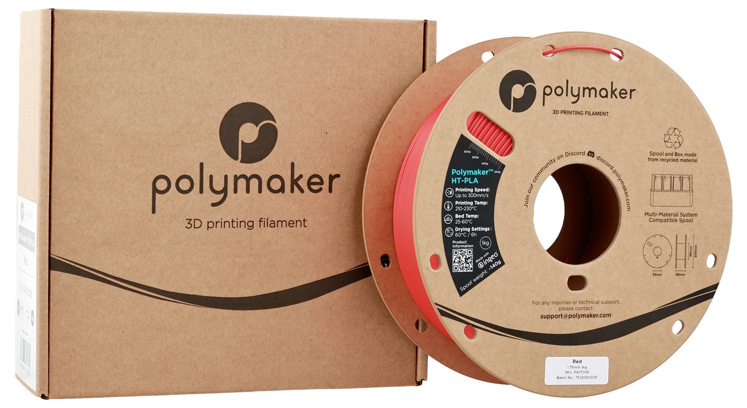 Braune Schachtel und Spule aus Polymaker 3D-Druckfilament, mit der Bezeichnung 