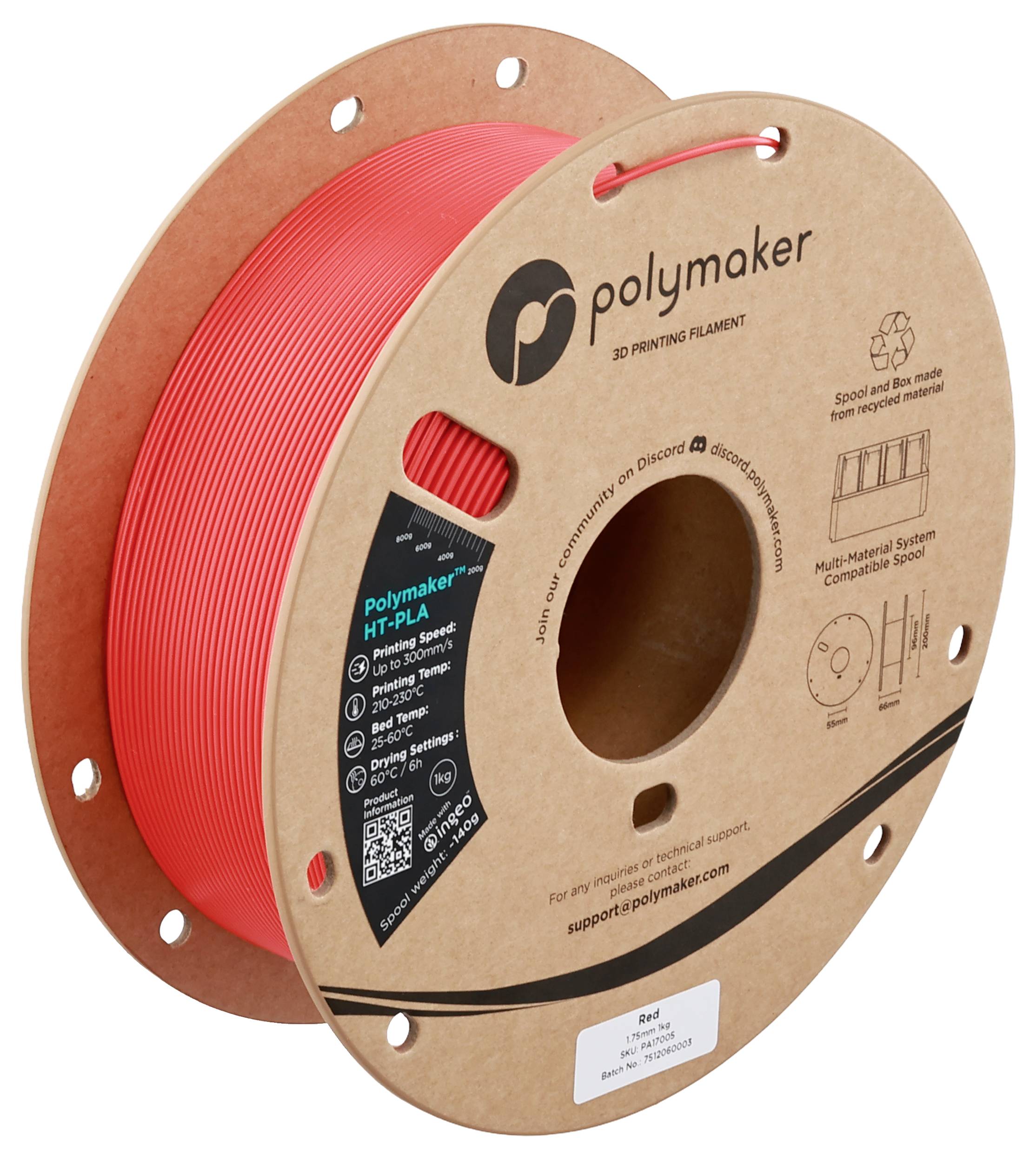 Eine Spule rotes Polymaker HT-PLA 3D-Druckfilament mit Verpackungsdetails, einschließlich QR-Codes für technische Spezifikationen und Support.