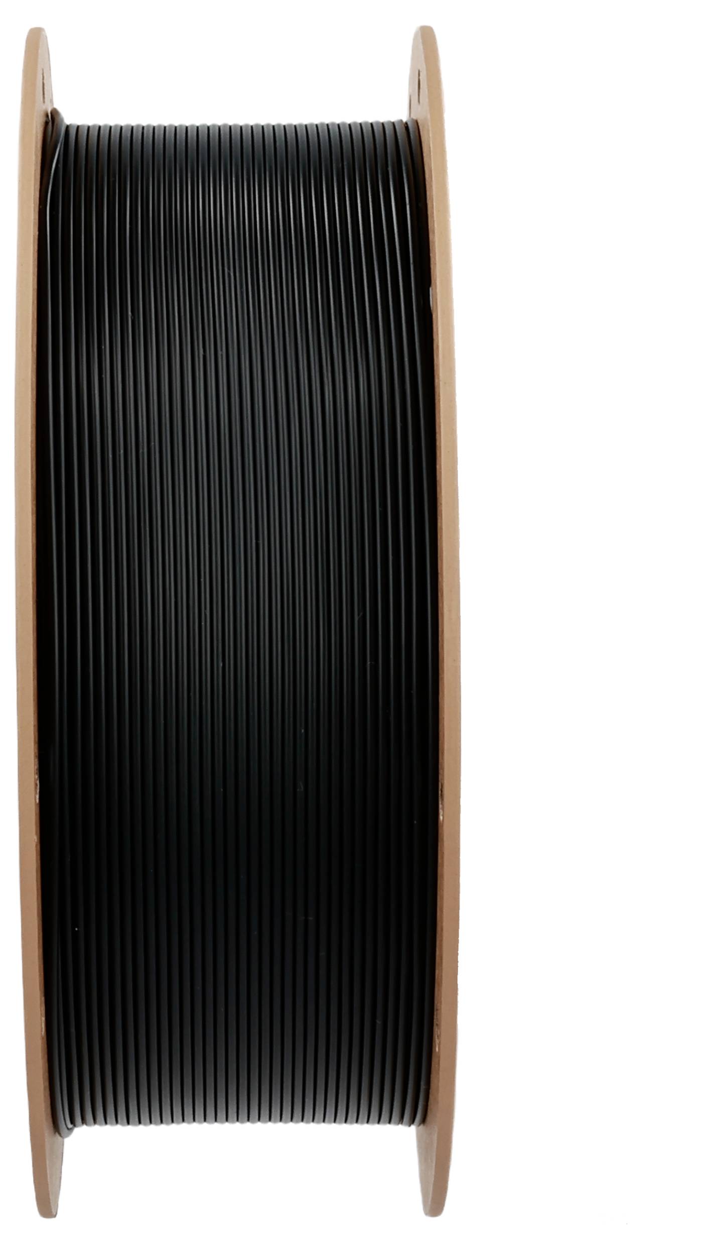 Eine Spule schwarzes 3D-Druckfilament mit einer Holzbasis, die vertikal steht. Das Filament ist ordentlich um die Spule gewickelt.