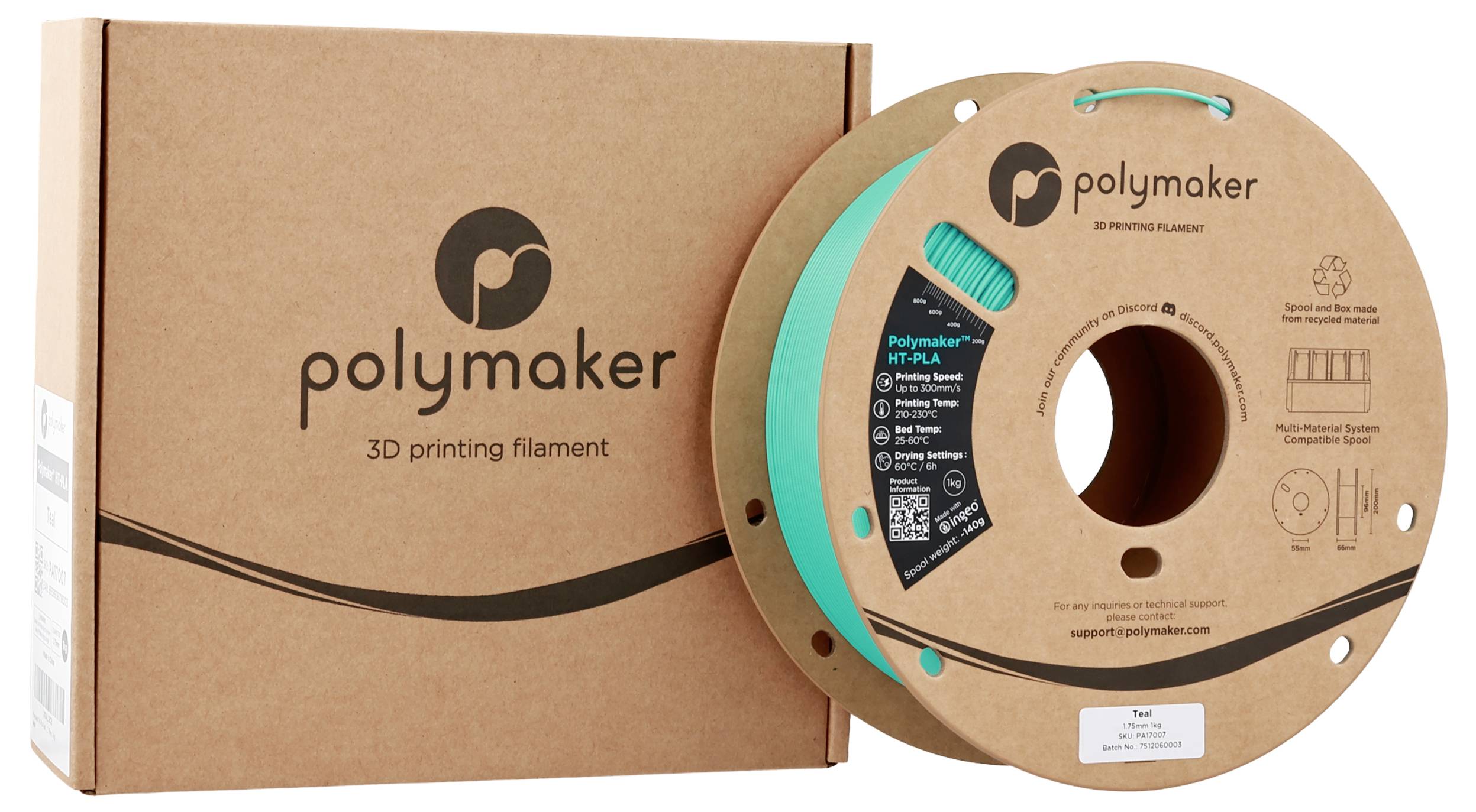 Eine Pappschachtel und Spule mit grünem 3D-Druckfilament von Polymaker, mit Branding und Spezifikationen auf der Verpackung gedruckt.