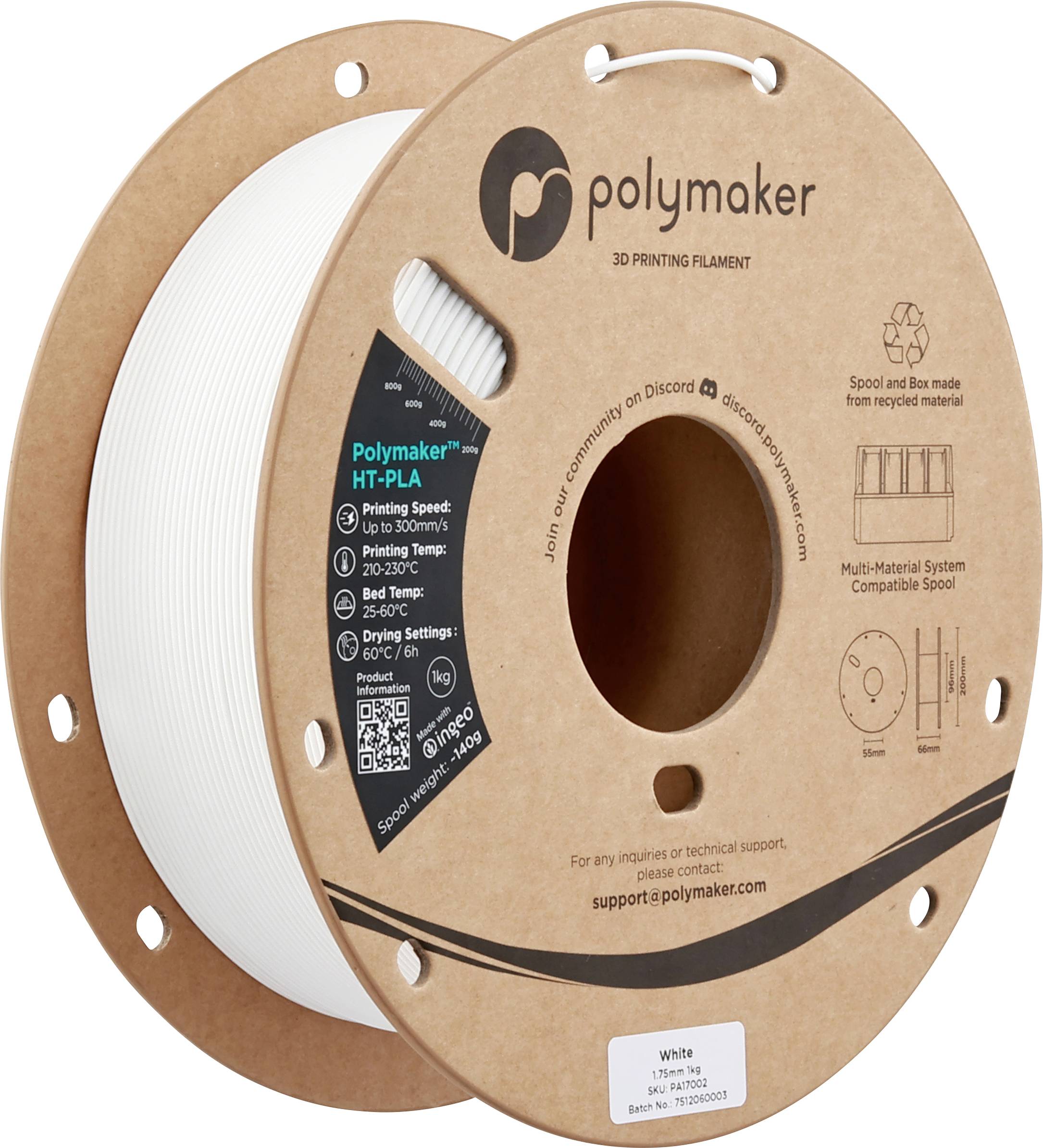 Spule aus weißem Polymaker HT-PLA 3D-Druckfilament mit Kartonverpackung.