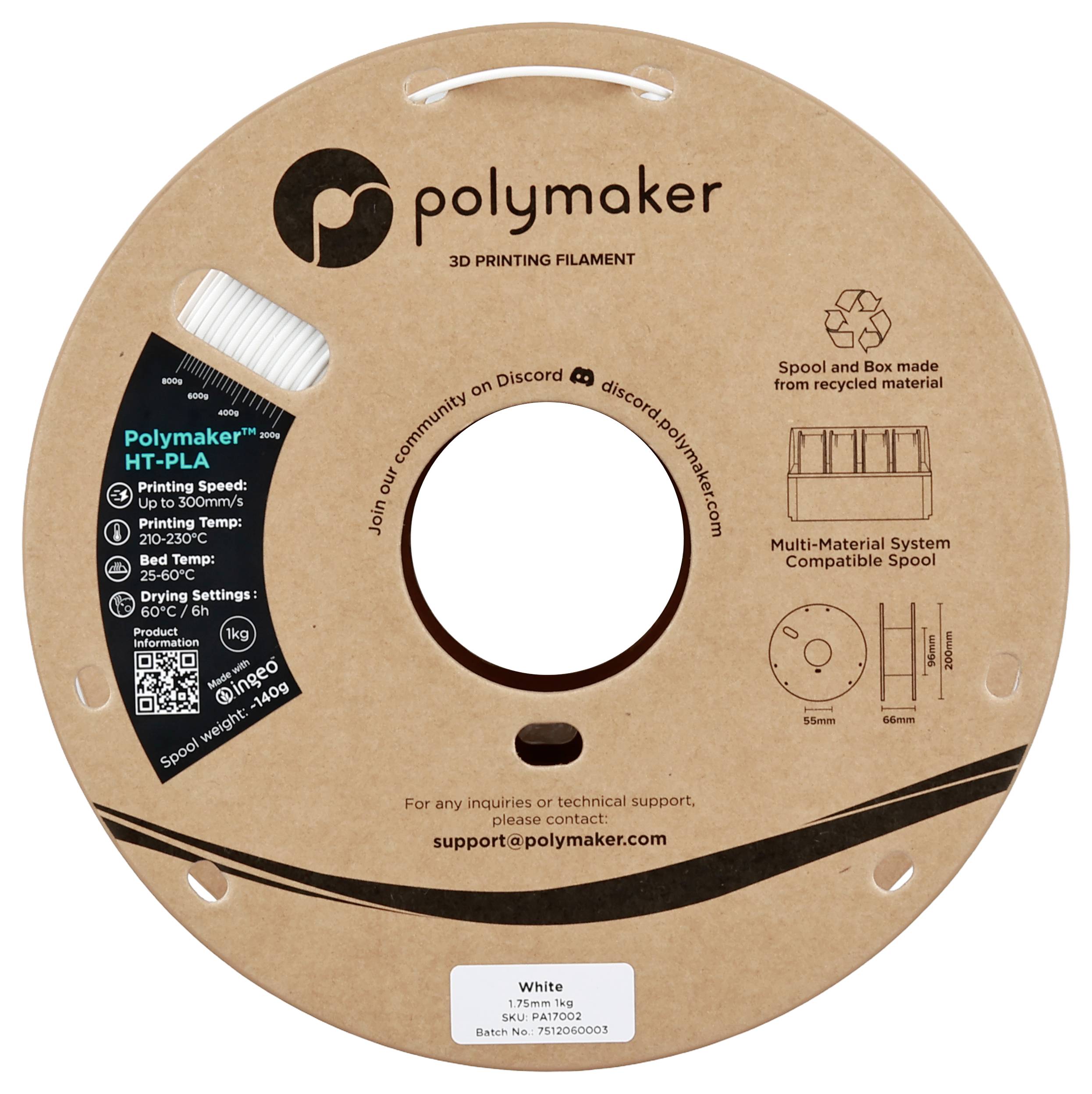 Polymaker HT-PLA 3D-Druckfilament-Spule; Druckgeschwindigkeit: 10-30mm/s, Temperatur: 210-230°C, 0,4mm-Düse.